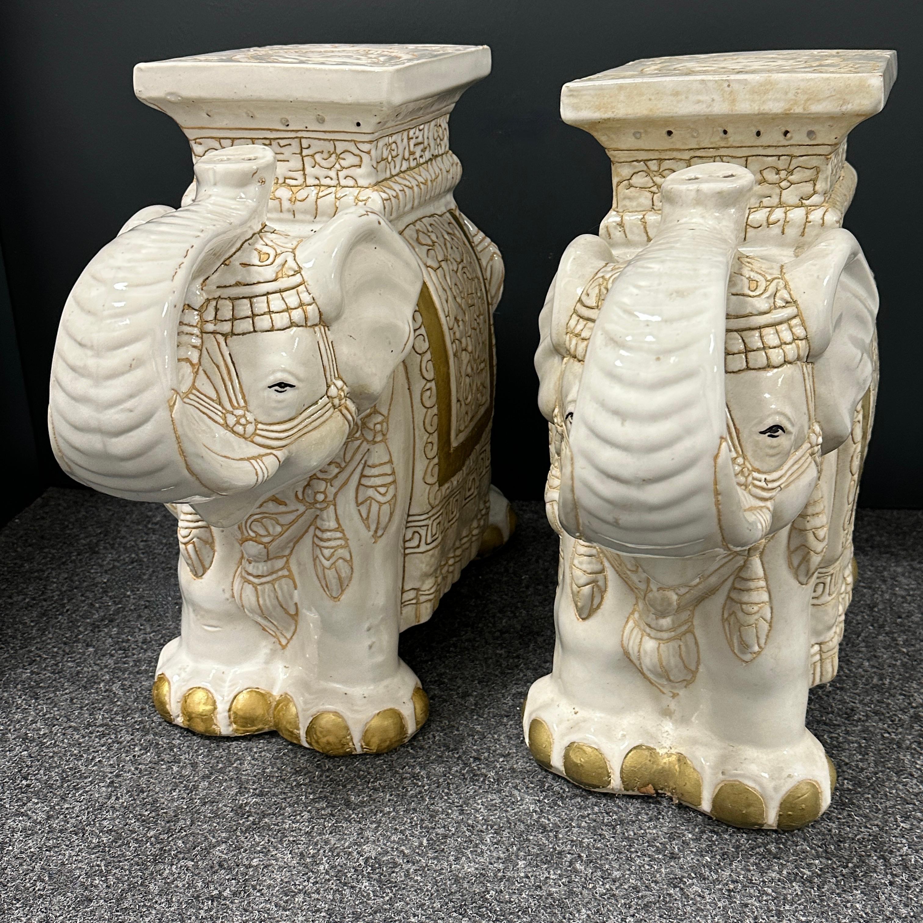 German Pair Hollywood Regency Chinese Ivory Colored Elephant Garden Plant Stand or Seat For Sale
