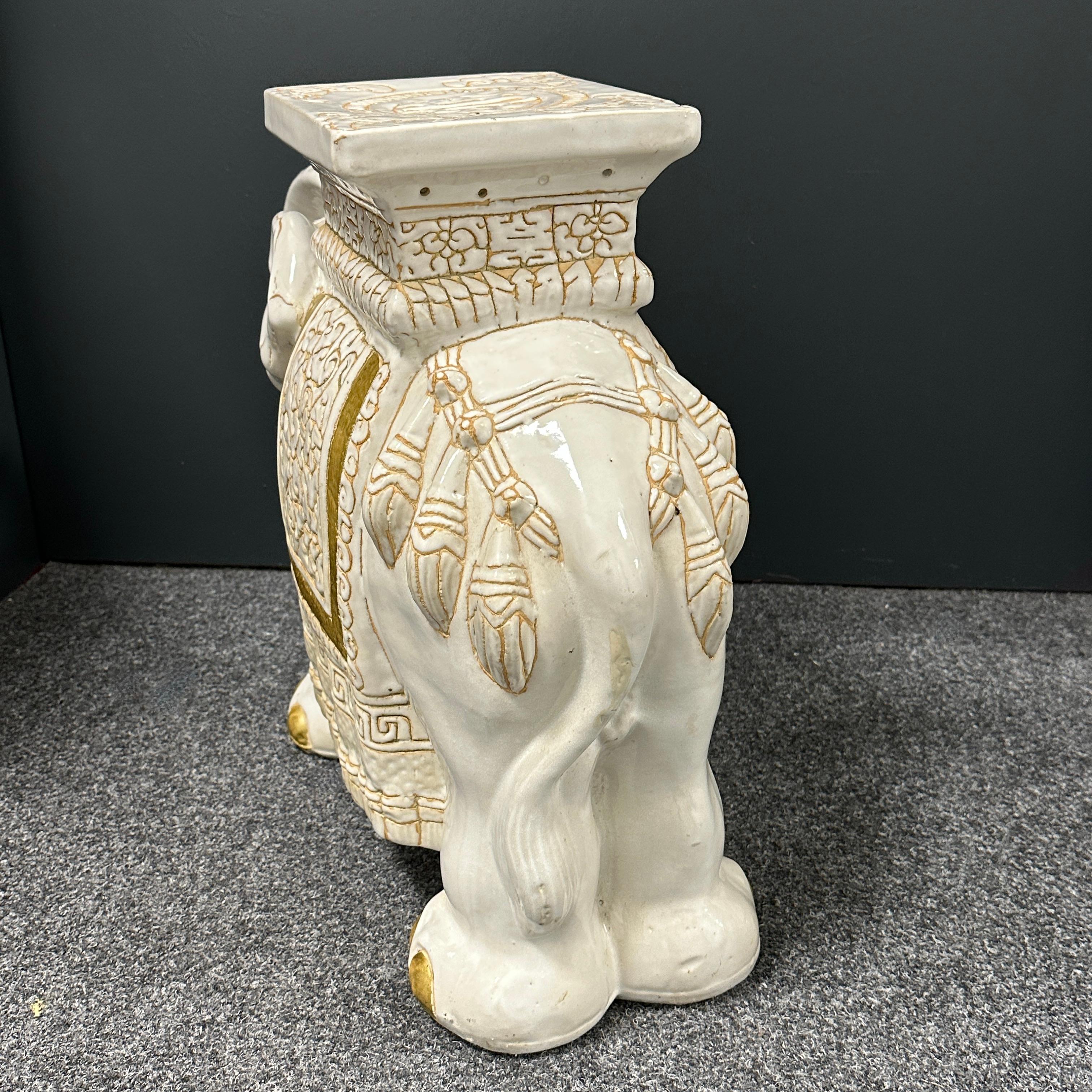 Ceramic Pair Hollywood Regency Chinese Ivory Colored Elephant Garden Plant Stand or Seat For Sale