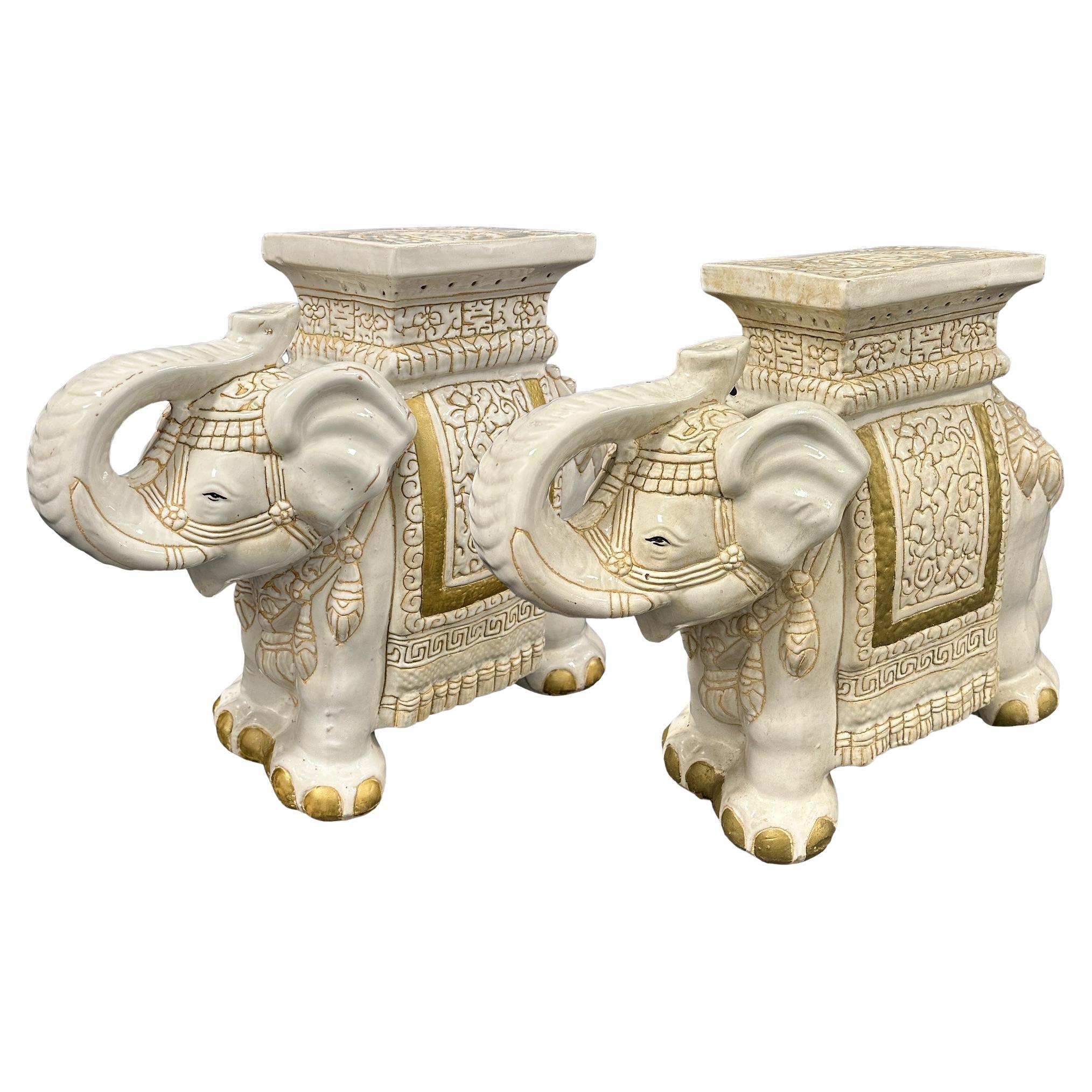Pair Hollywood Regency Chinese Ivory Colored Elephant Garden Plant Stand or Seat For Sale