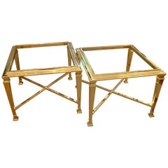 Pair Hollywood Regency French Maison Jansen Polished Brass Tables Glass Tops