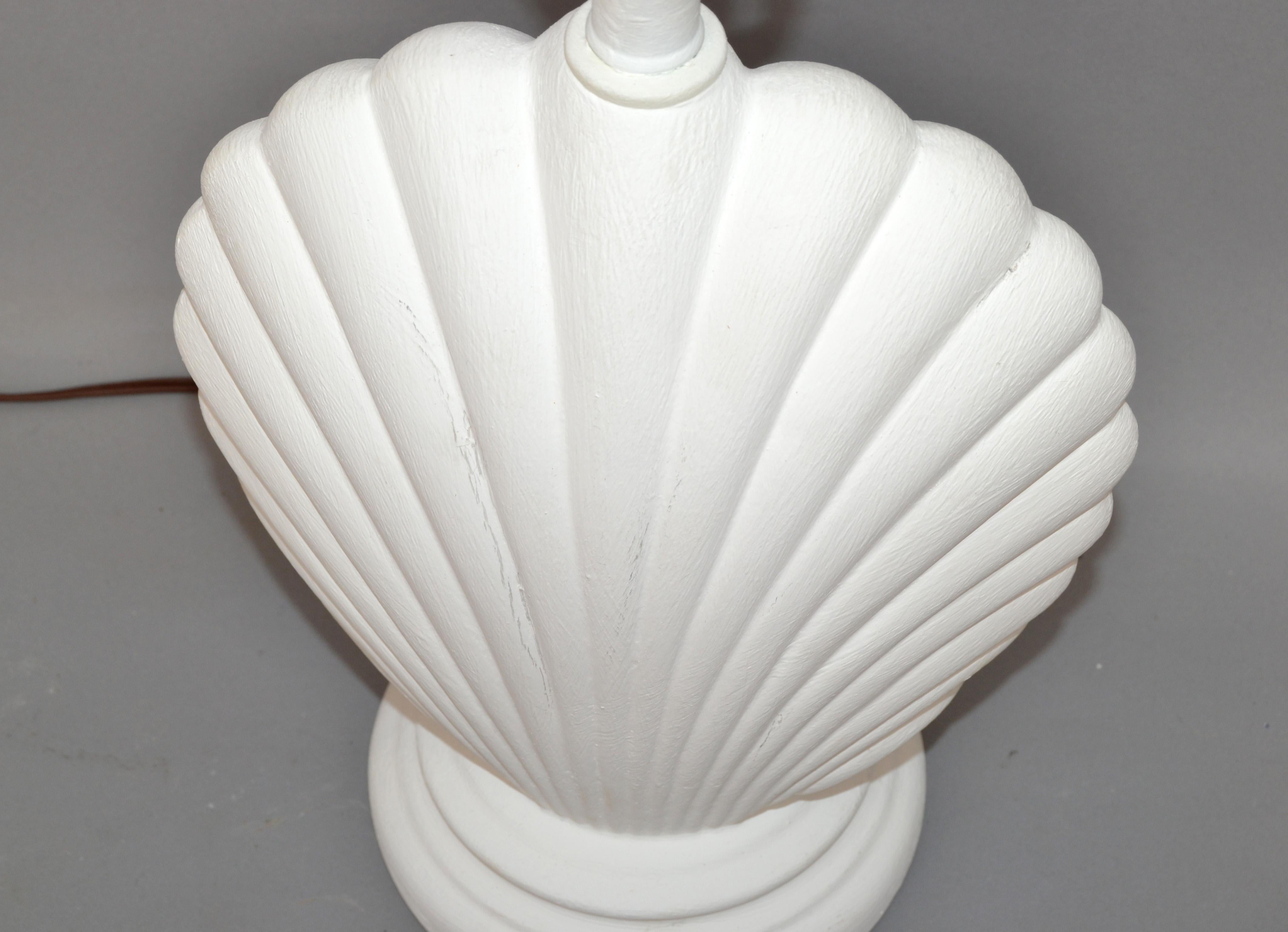 Pair Hollywood Regency Gesso Finish Nautical Seashell Shape Plaster Table Lamps For Sale 3