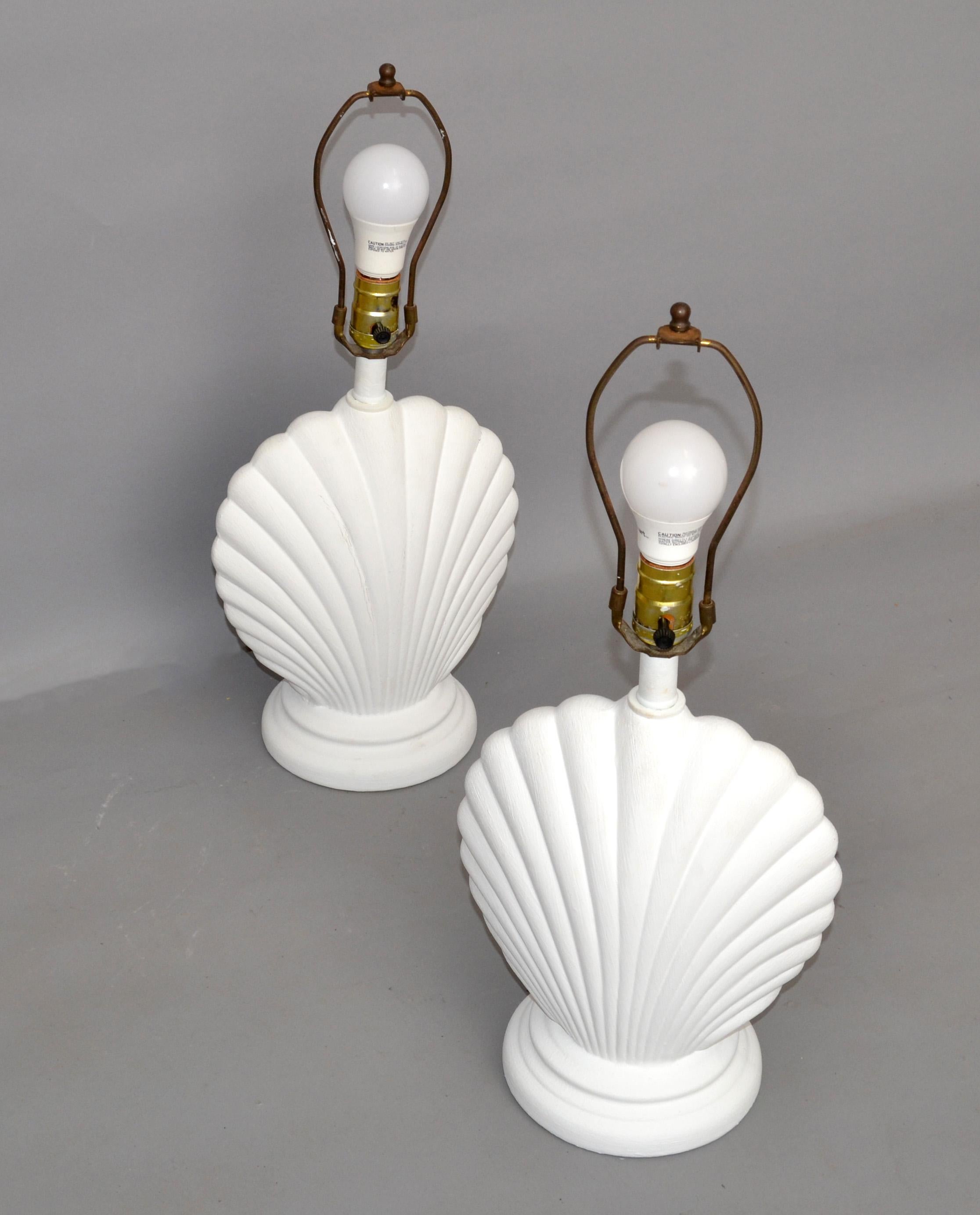 Pair Hollywood Regency Gesso Finish Nautical Seashell Shape Plaster Table Lamps For Sale 6