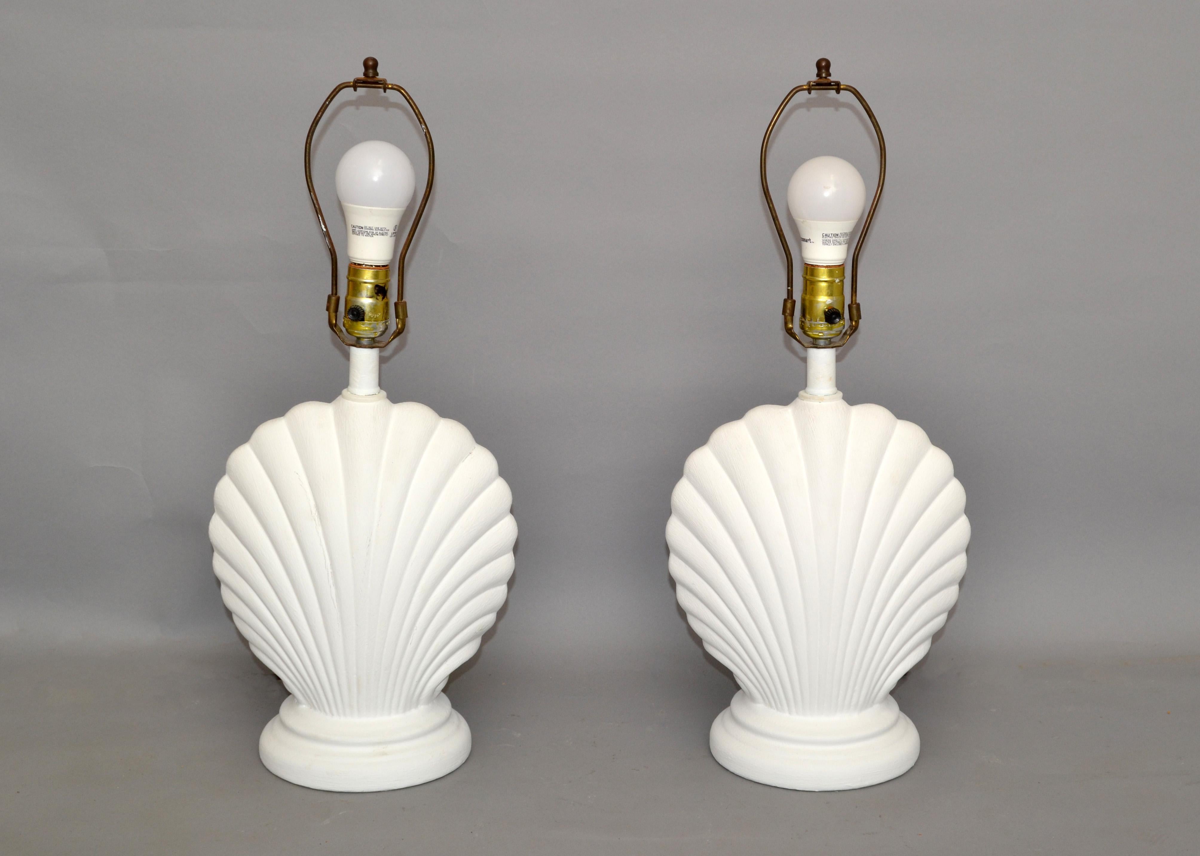 Pair Hollywood Regency Gesso Finish Nautical Seashell Shape Plaster Table Lamps For Sale 8