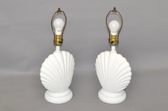Pair Hollywood Regency Gesso Finish Nautical Seashell Shape Plaster Table Lamps