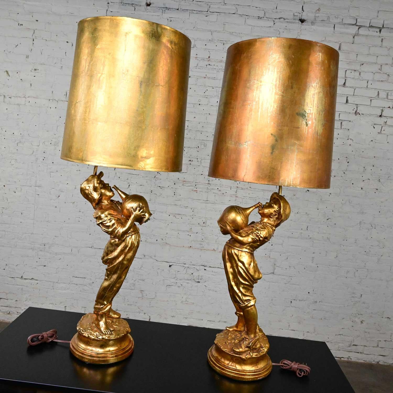 Pair Hollywood Regency Gilded Plaster Large Figural Lamps Boy w Jug Style Marbro For Sale 1
