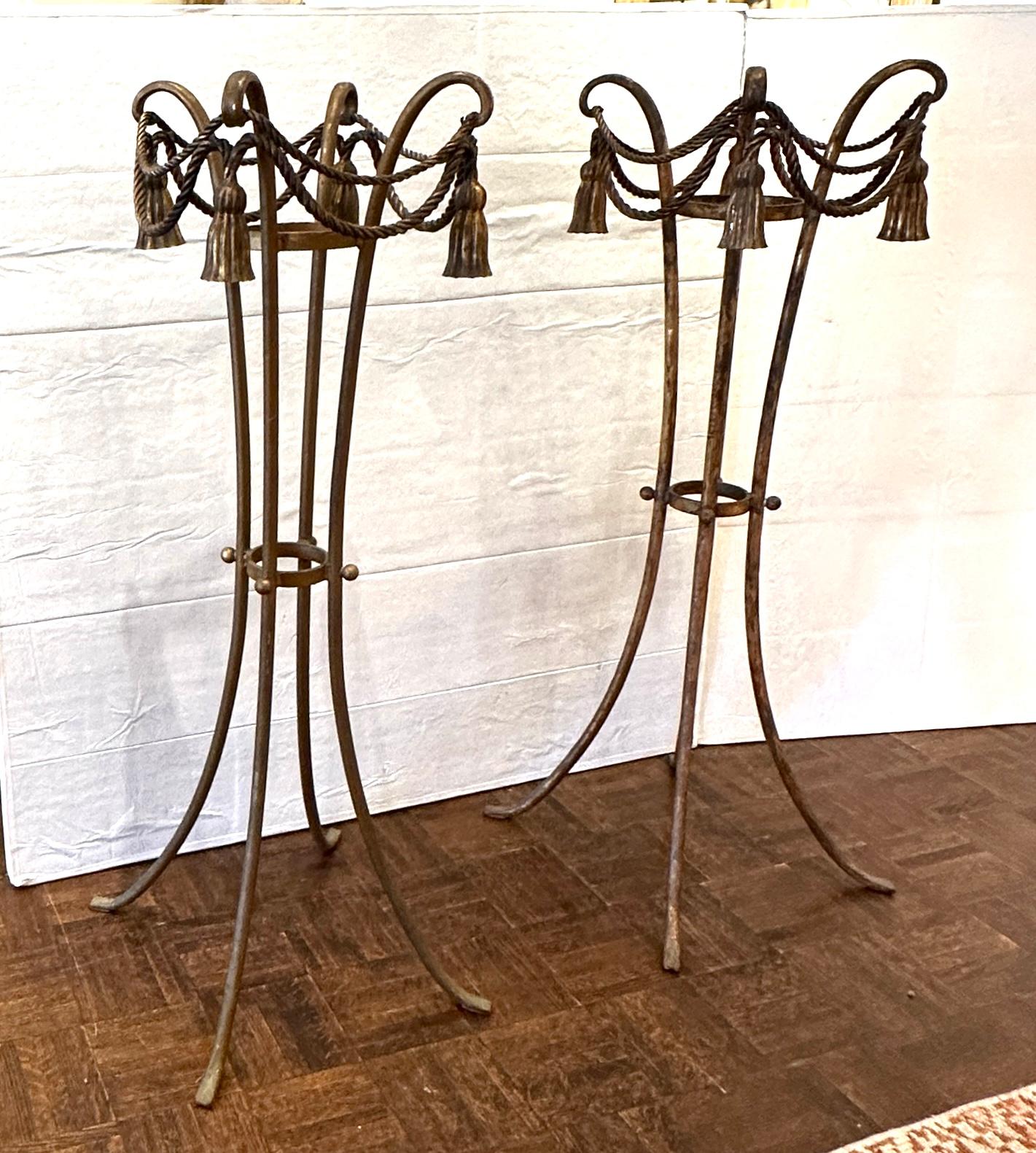 Pair of Hollywood Regency Gilt Iron Plant Stands For Sale 1