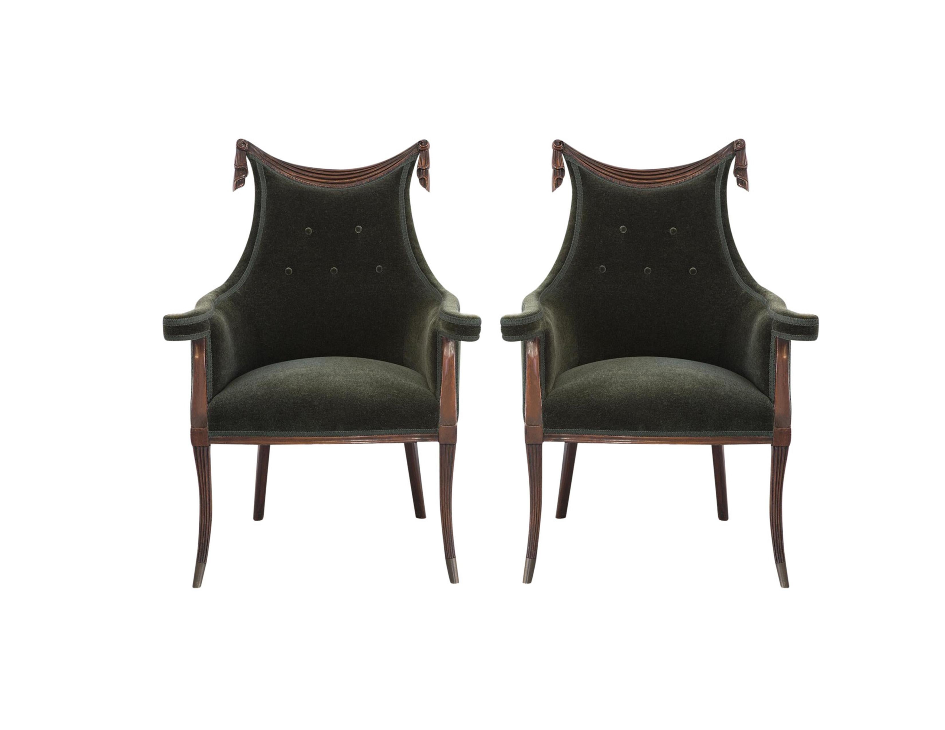 Pair Hollywood Regency Grosfeld House Swag & Drape Fireside Chairs In Good Condition For Sale In Dallas, TX