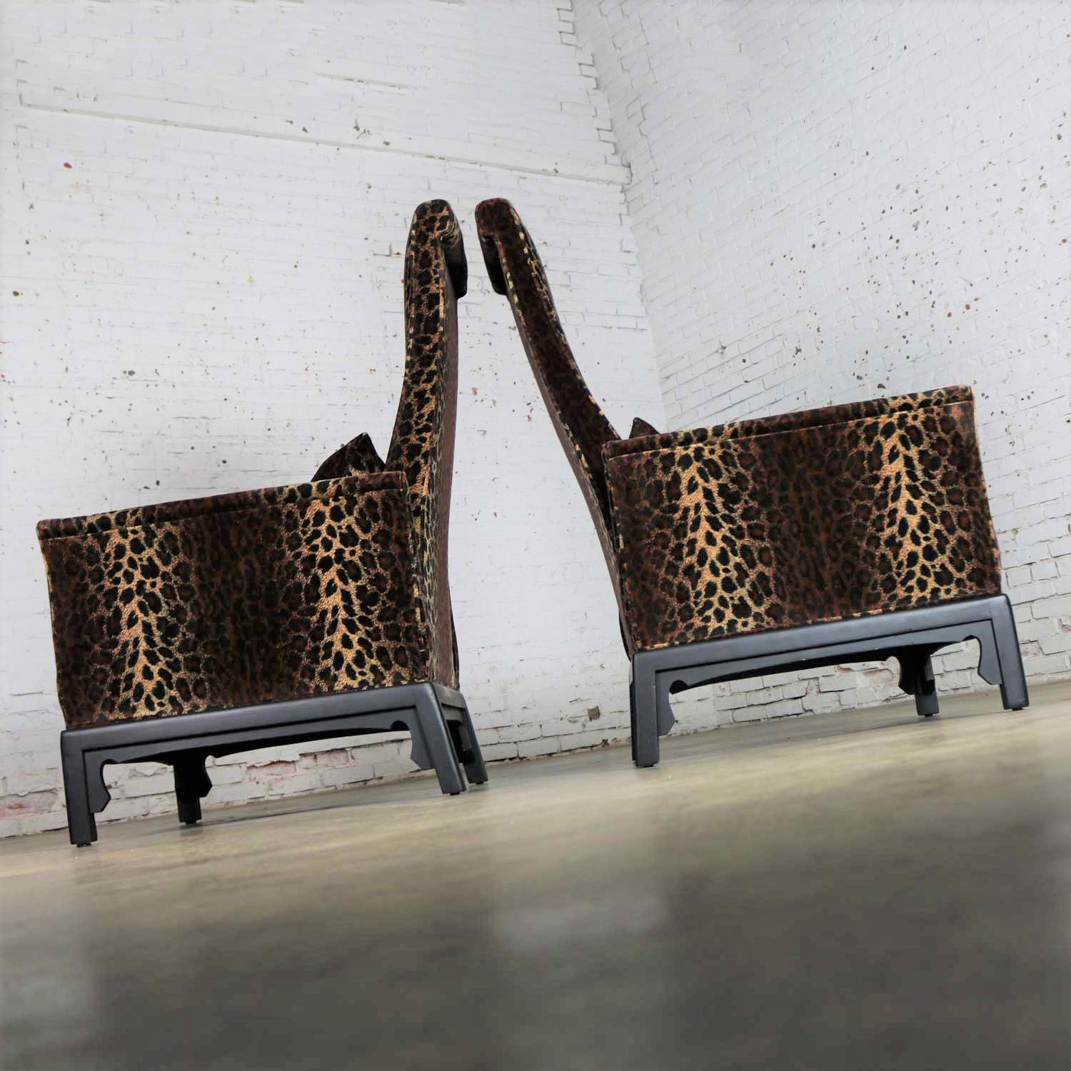 Hollywood Regency High Back Chairs Velvet Animal Print Style of James Mont, Pair 7