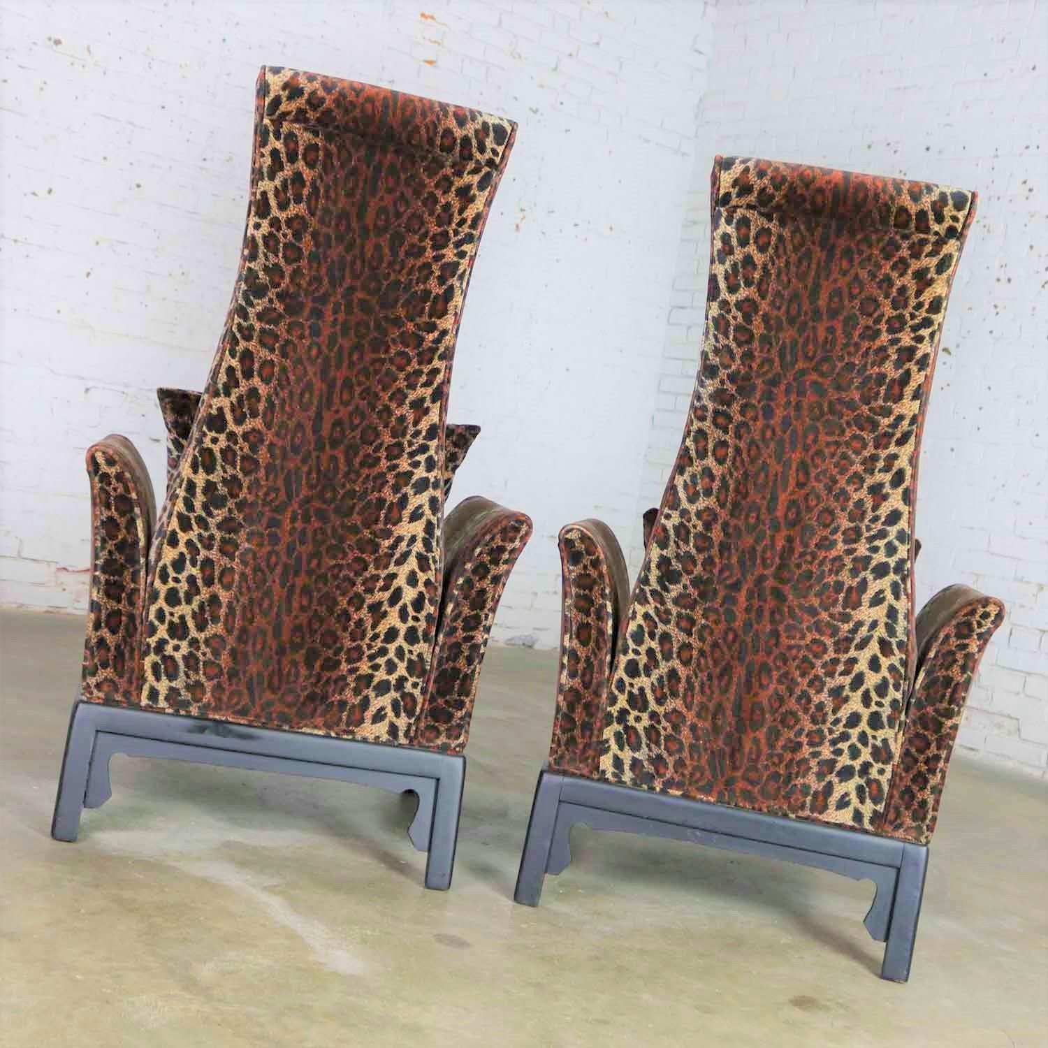 Hollywood Regency High Back Chairs Velvet Animal Print Style of James Mont, Pair 9