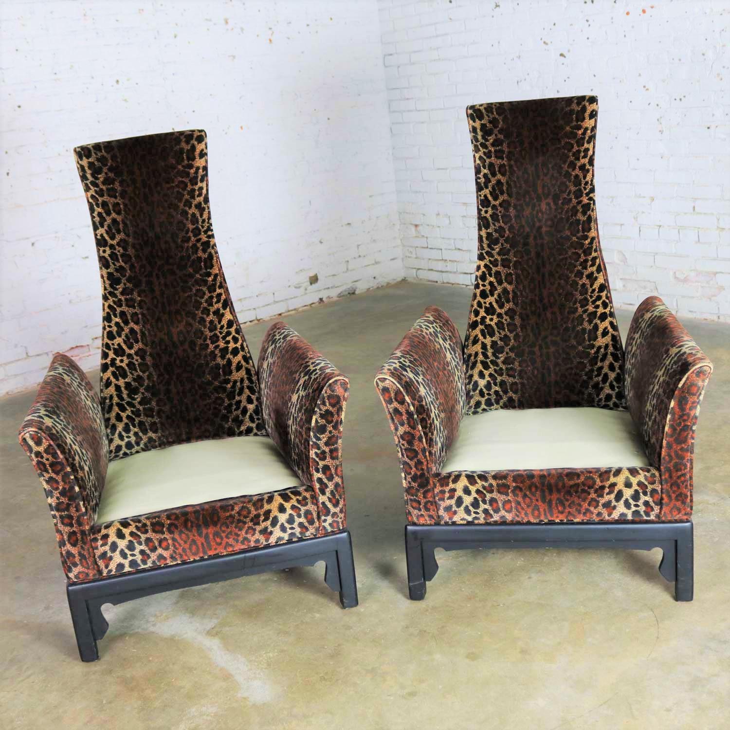Hollywood Regency High Back Chairs Velvet Animal Print Style of James Mont, Pair 11