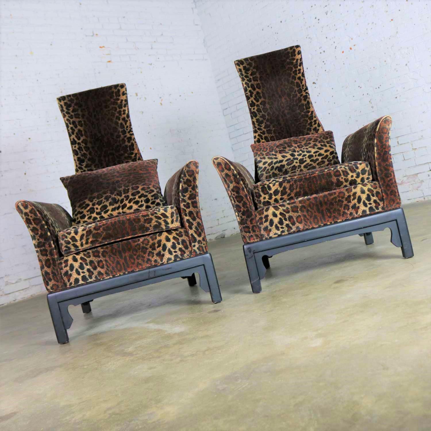 Hollywood Regency High Back Chairs Velvet Animal Print Style of James Mont, Pair In Good Condition In Topeka, KS