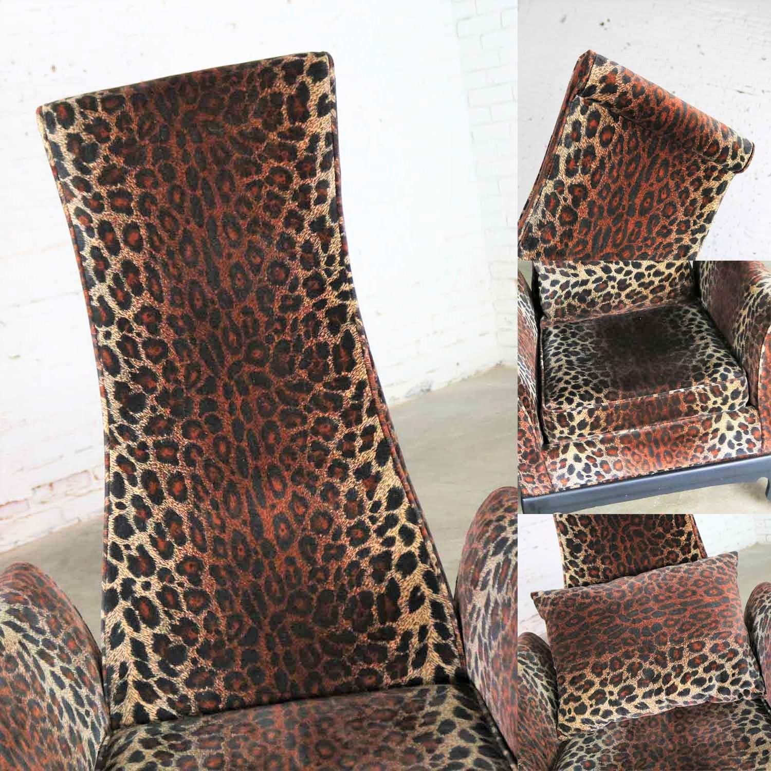 20th Century Hollywood Regency High Back Chairs Velvet Animal Print Style of James Mont, Pair