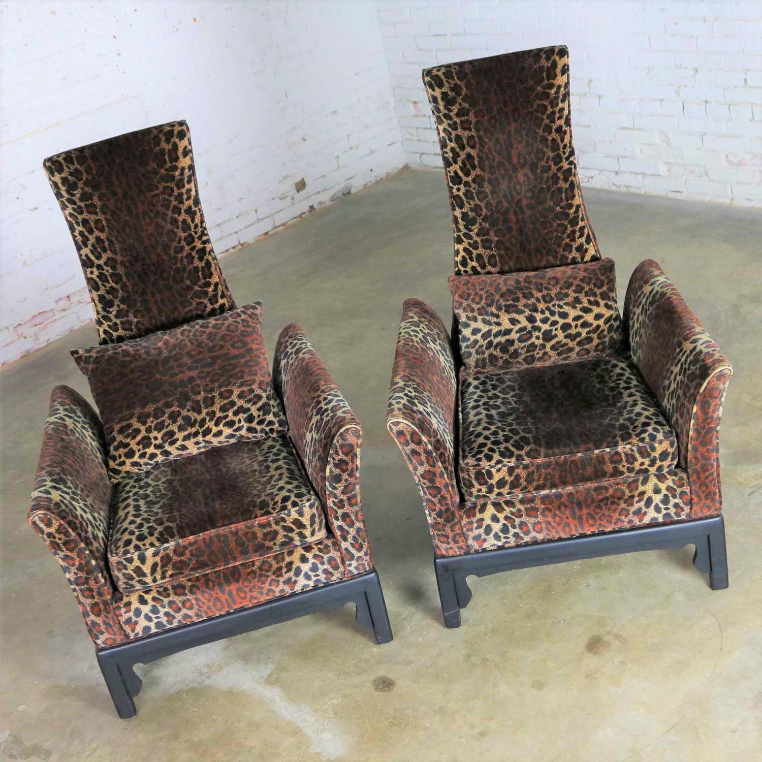 Hollywood Regency High Back Chairs Velvet Animal Print Style of James Mont, Pair 1