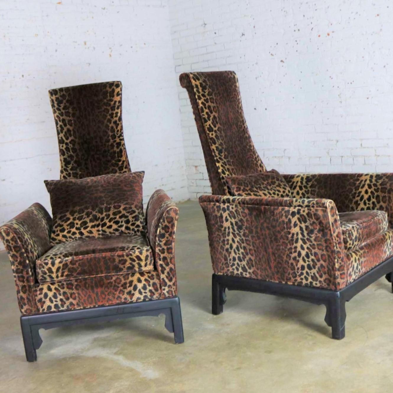 Hollywood Regency High Back Chairs Velvet Animal Print Style of James Mont, Pair 2