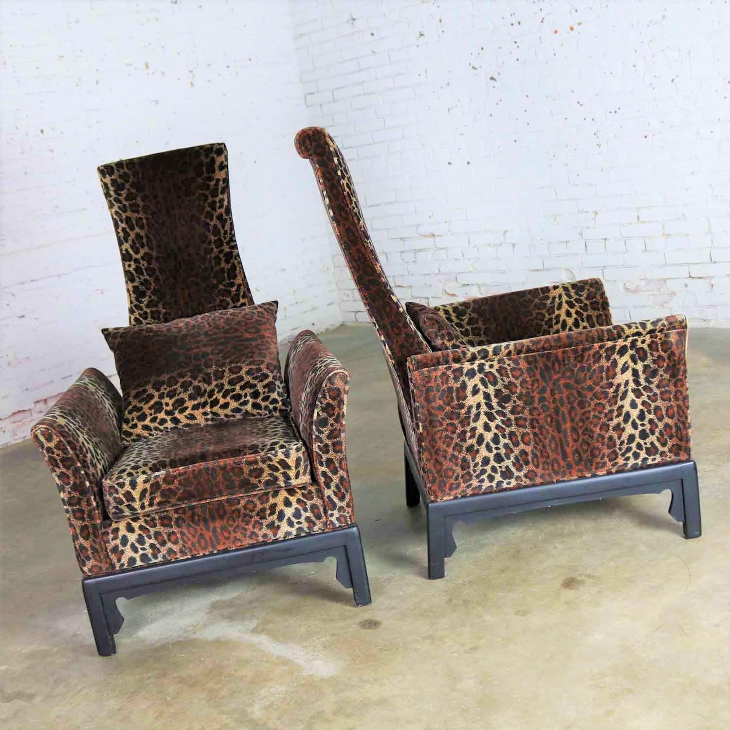 Hollywood Regency High Back Chairs Velvet Animal Print Style of James Mont, Pair 3