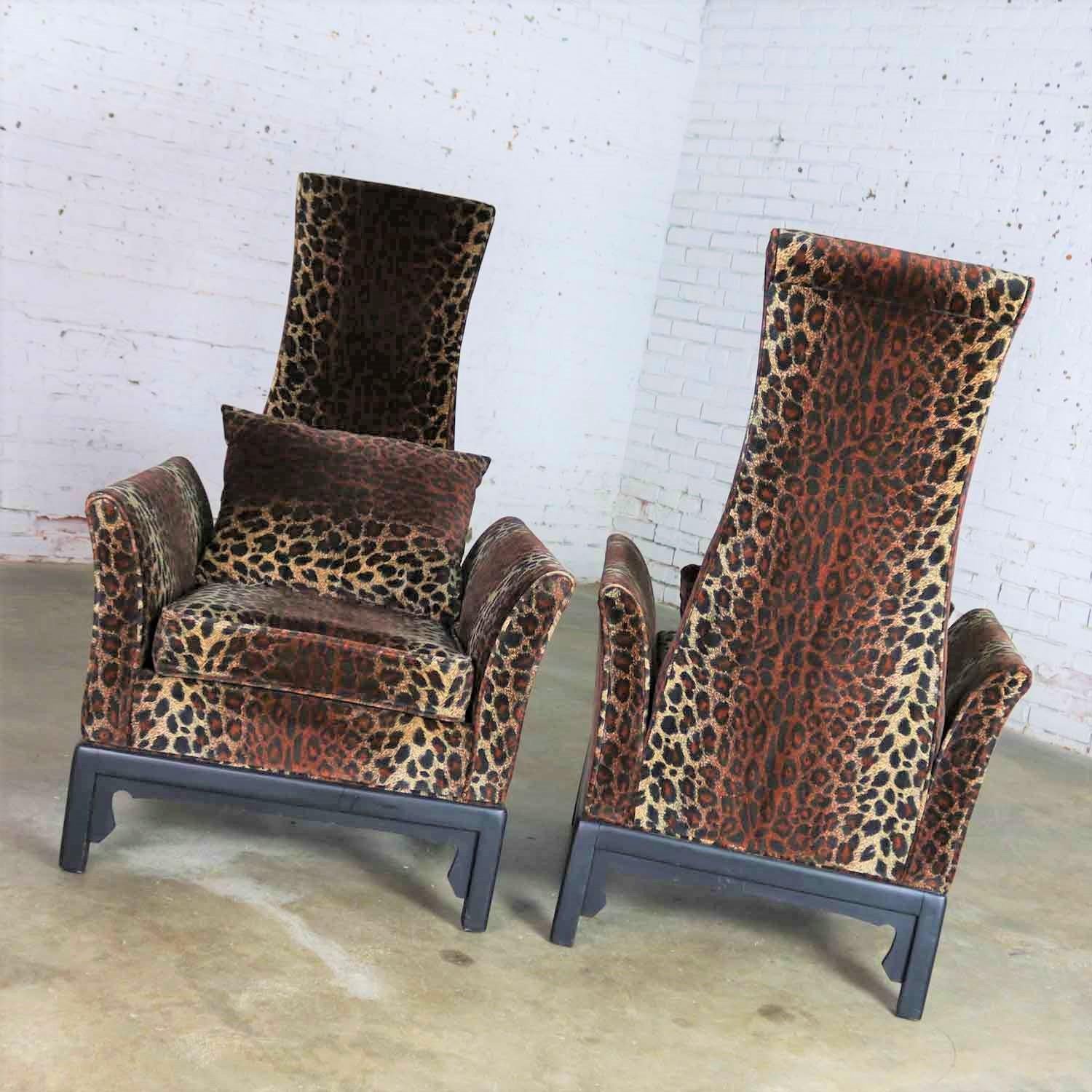 Hollywood Regency High Back Chairs Velvet Animal Print Style of James Mont, Pair 4