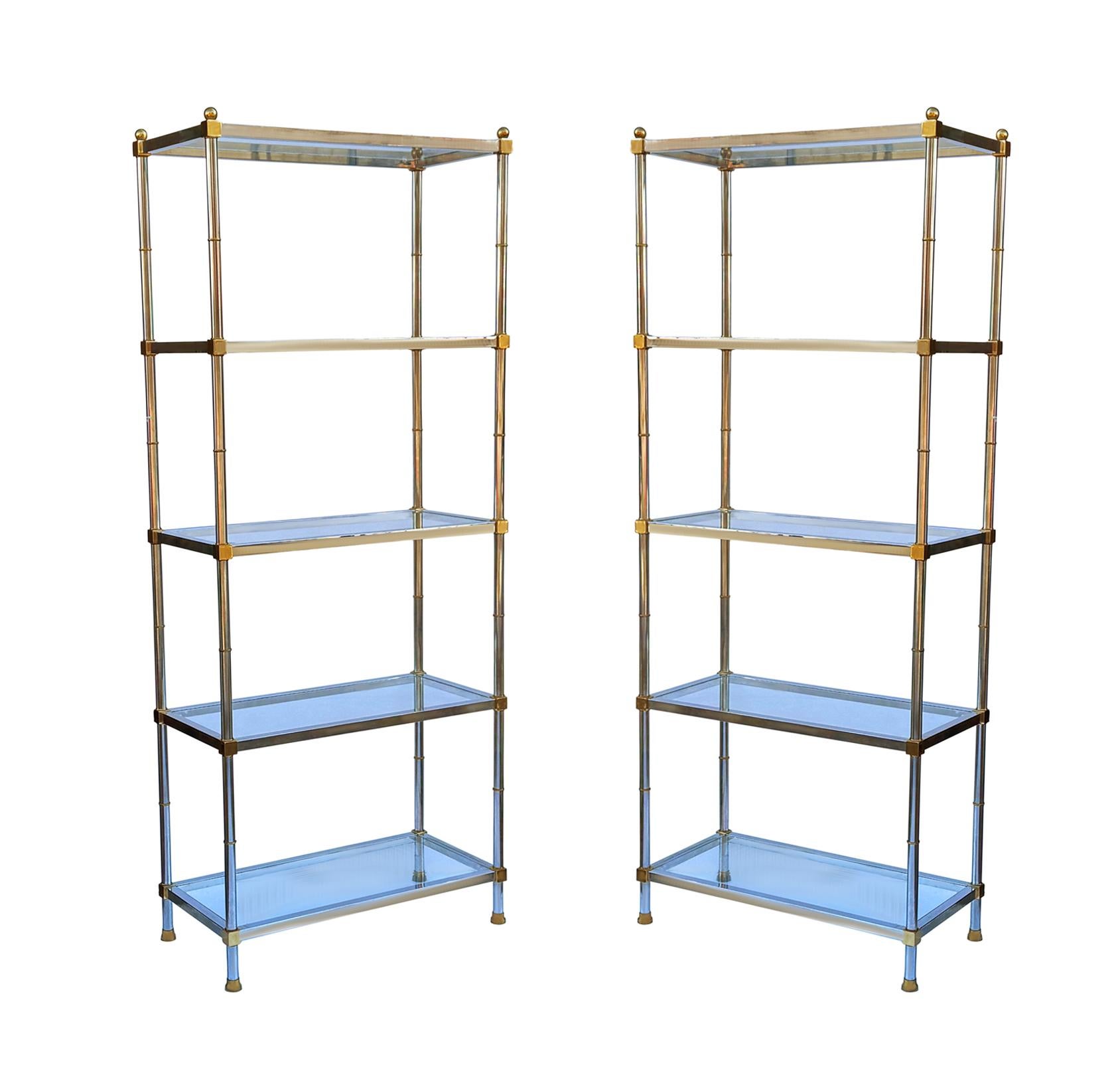 Glass Pair Hollywood Regency Italian Brass & Chrome Shelves or Etageres Maison Jansen For Sale
