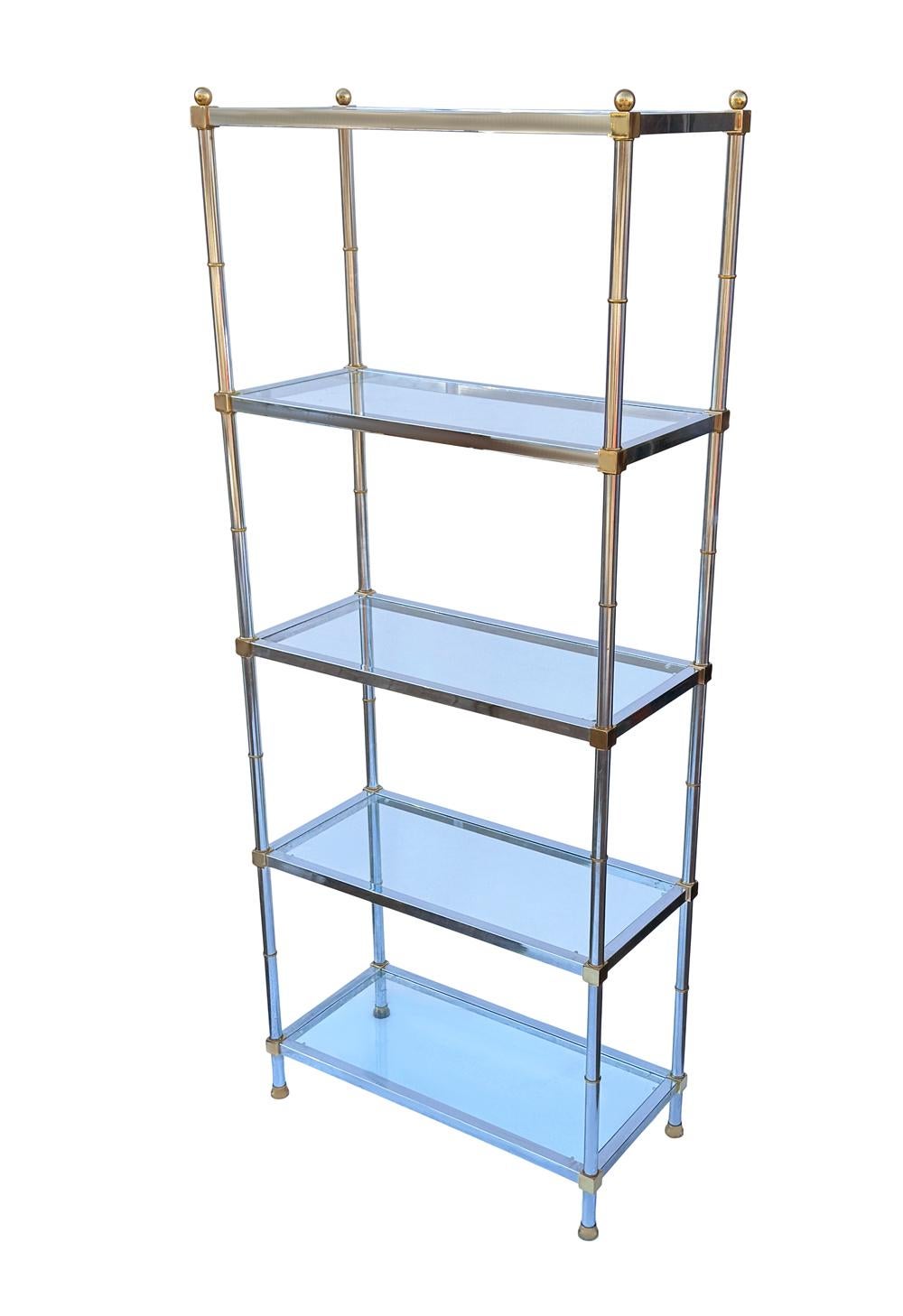Pair Hollywood Regency Italian Brass & Chrome Shelves or Etageres Maison Jansen For Sale 1