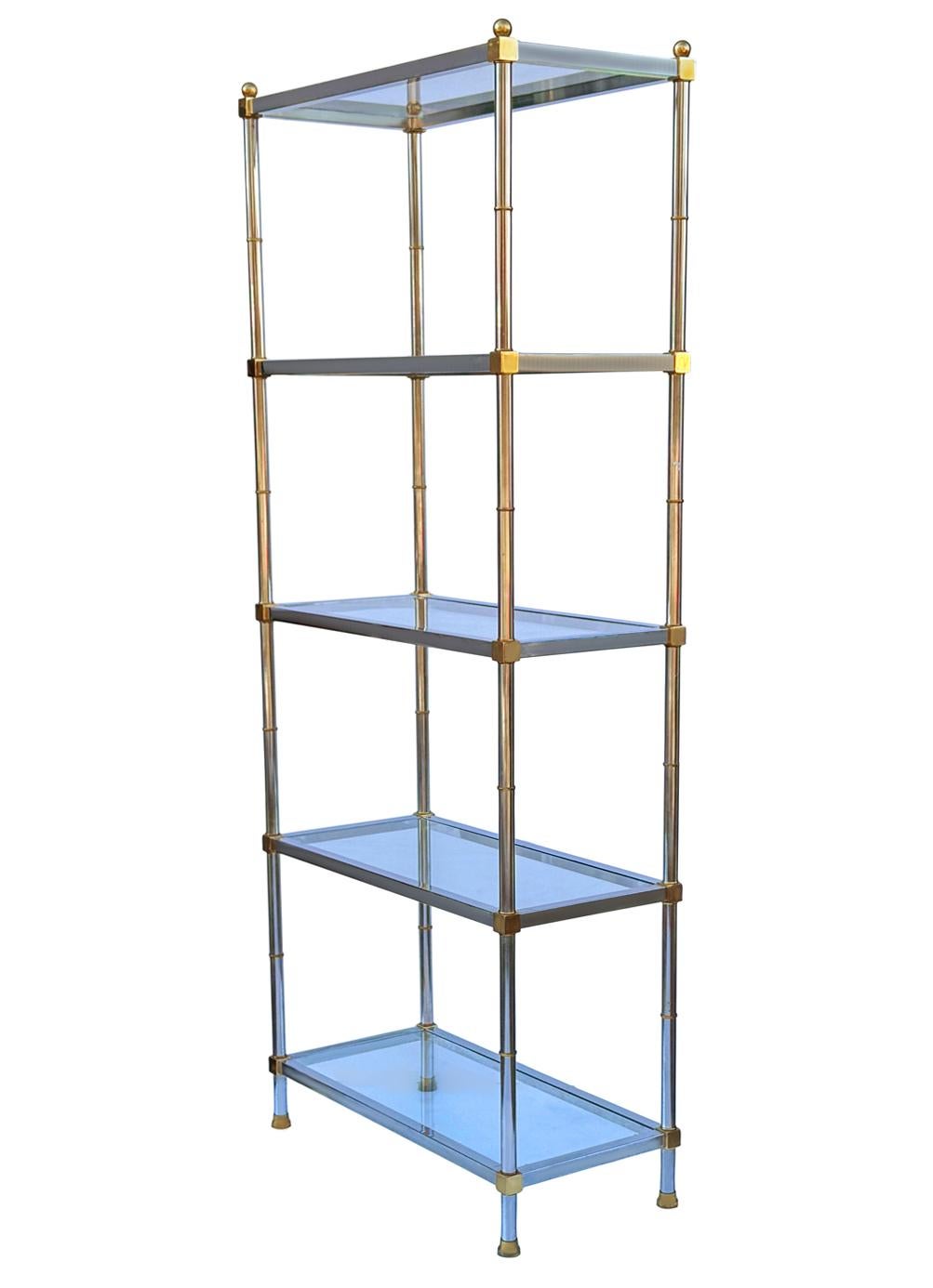 Pair Hollywood Regency Italian Brass & Chrome Shelves or Etageres Maison Jansen For Sale 2