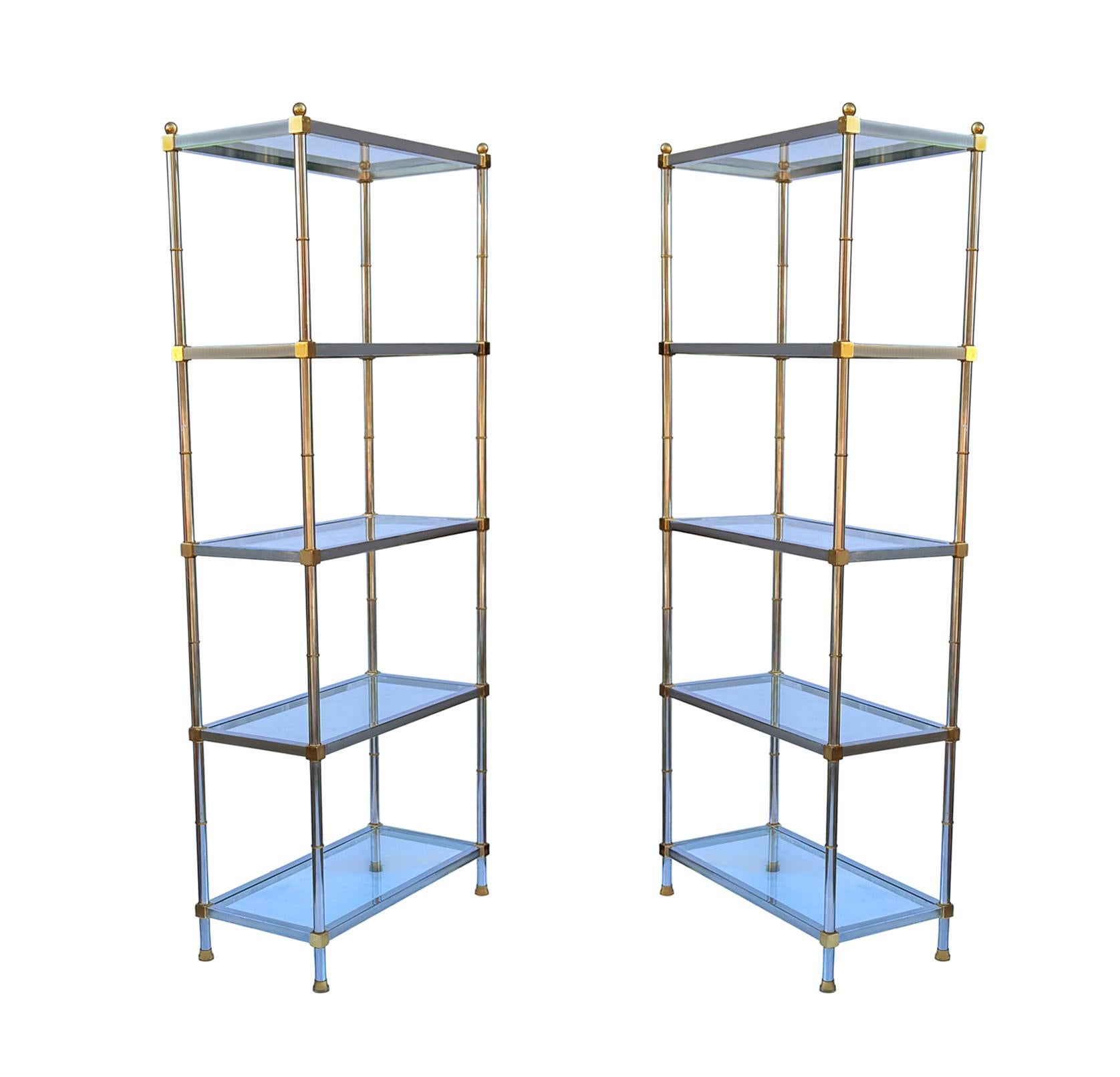 Pair Hollywood Regency Italian Brass & Chrome Shelves or Etageres Maison Jansen For Sale 4