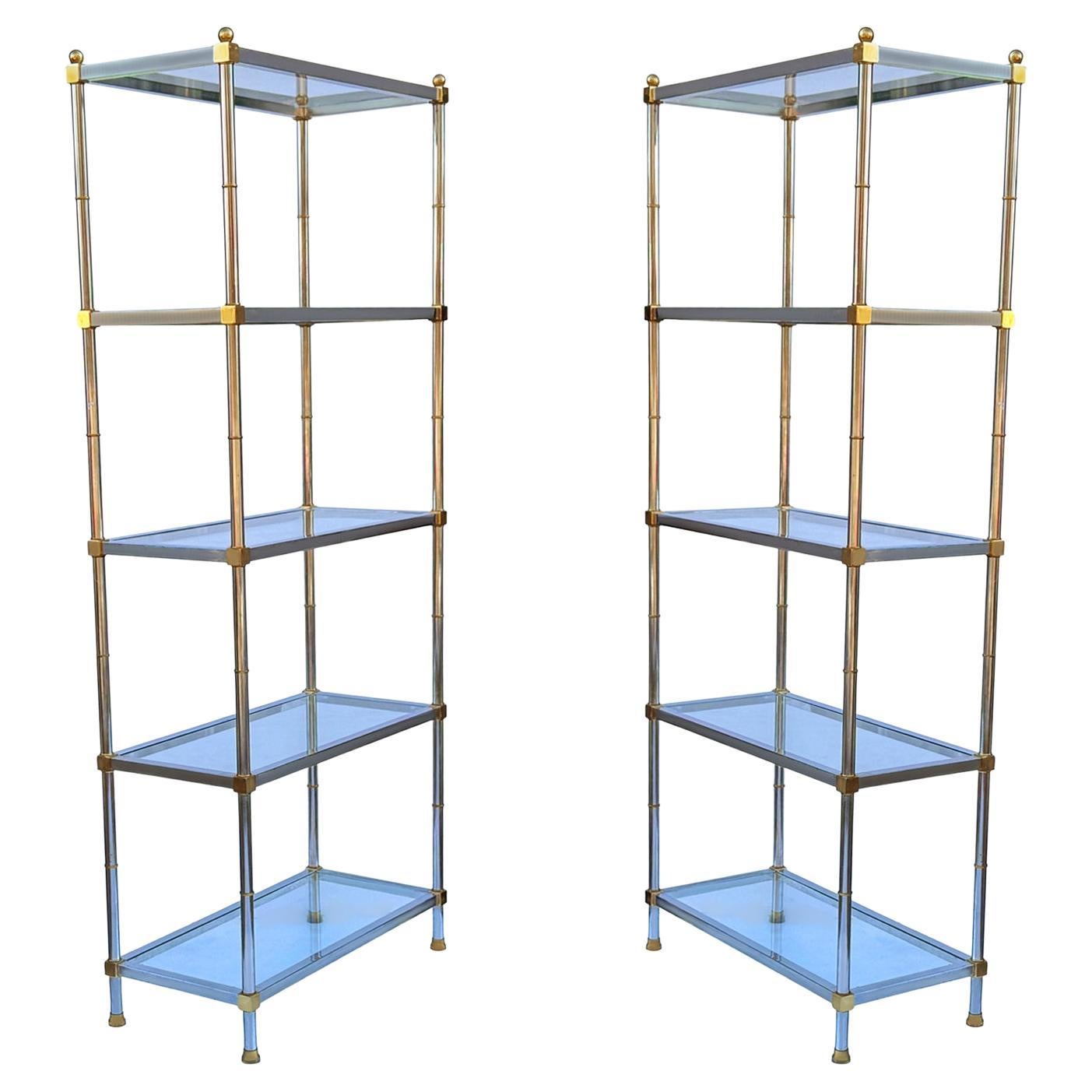 Pair Hollywood Regency Italian Brass & Chrome Shelves or Etageres Maison Jansen