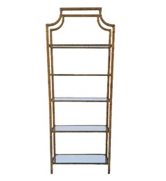 Pair Hollywood Regency Italian Brass & Gold Faux Bamboo Shelves or Etageres