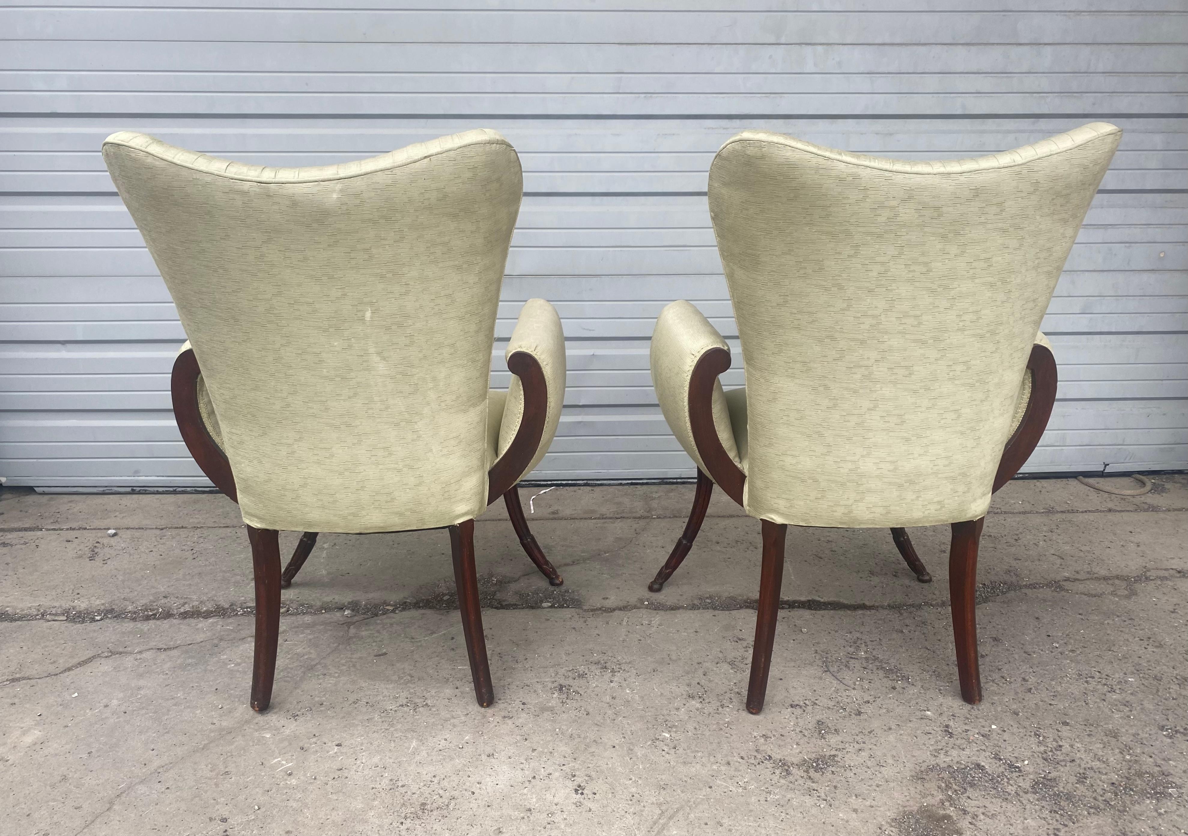 Pair Hollywood Regency Mahogany Saber Leg Arm Chairs / Grosfeld House In Good Condition For Sale In Buffalo, NY