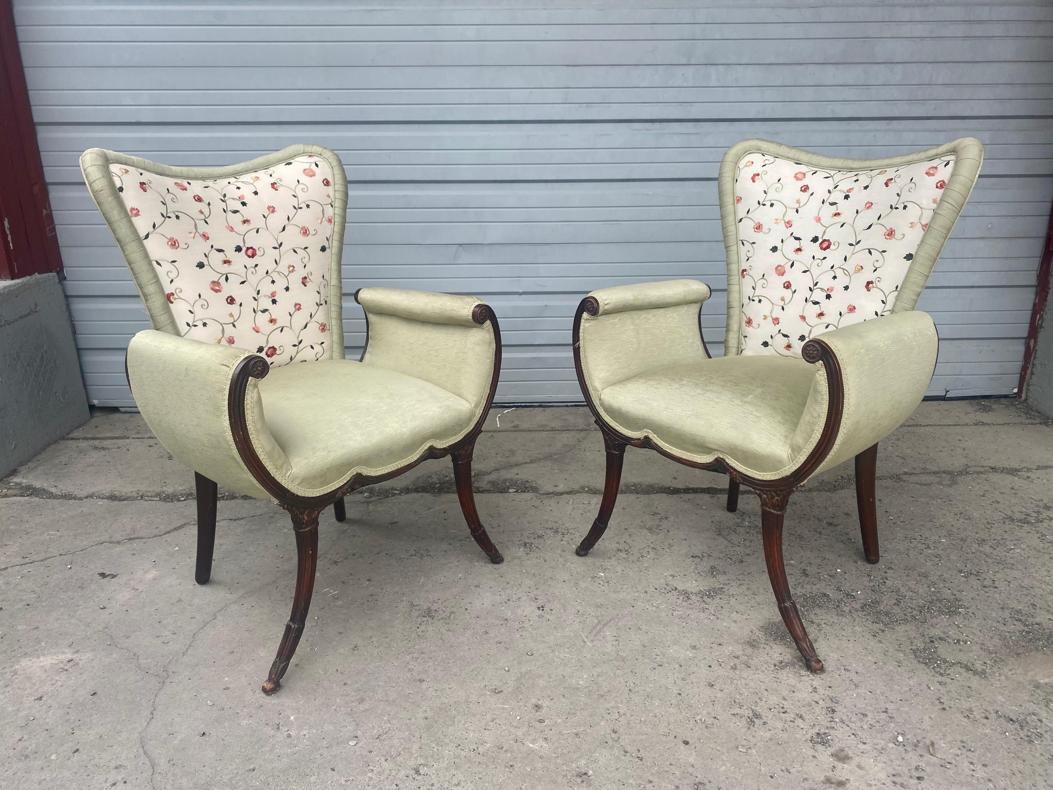 Mid-20th Century Pair Hollywood Regency Mahogany Saber Leg Arm Chairs / Grosfeld House For Sale