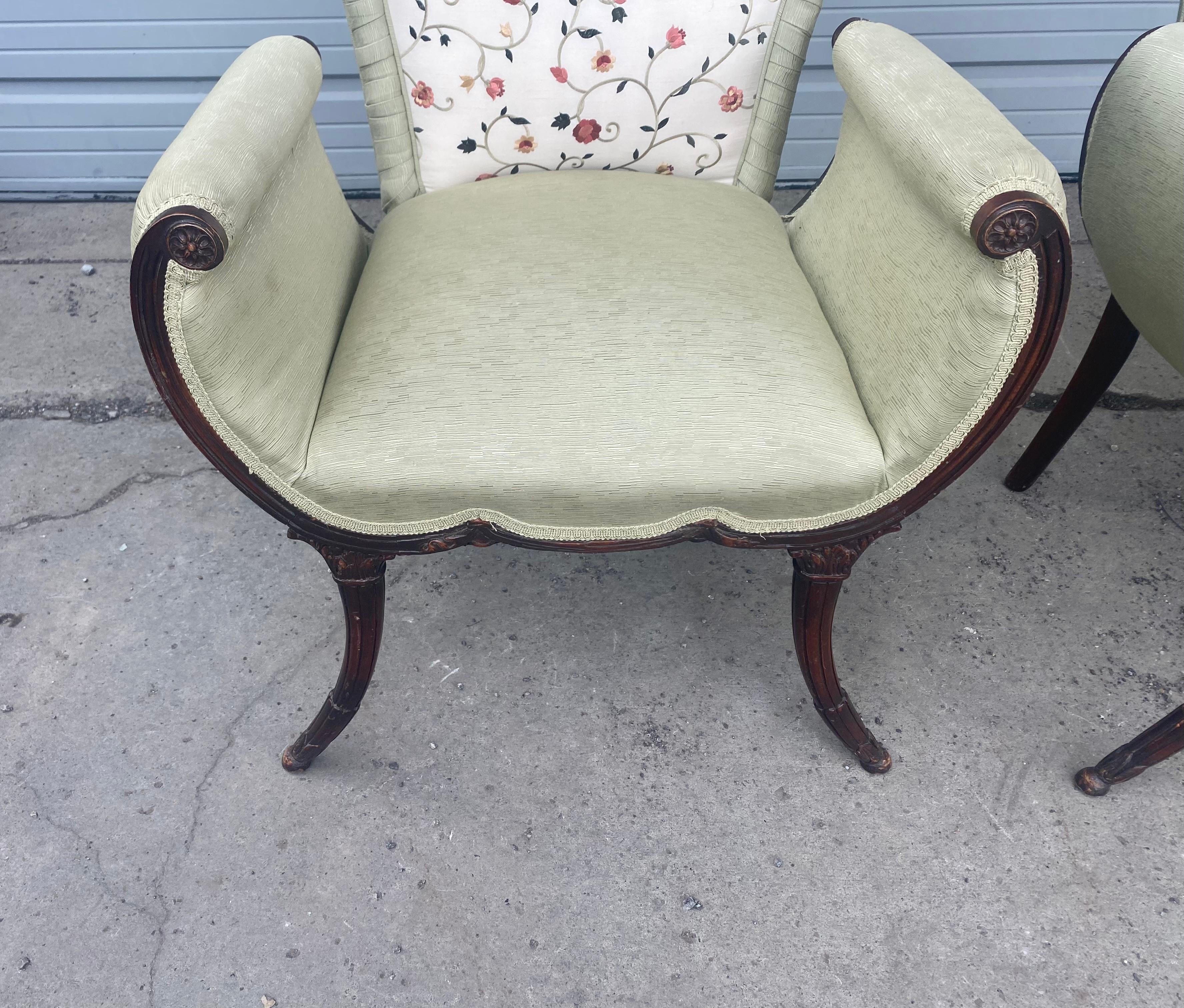 Upholstery Pair Hollywood Regency Mahogany Saber Leg Arm Chairs / Grosfeld House For Sale