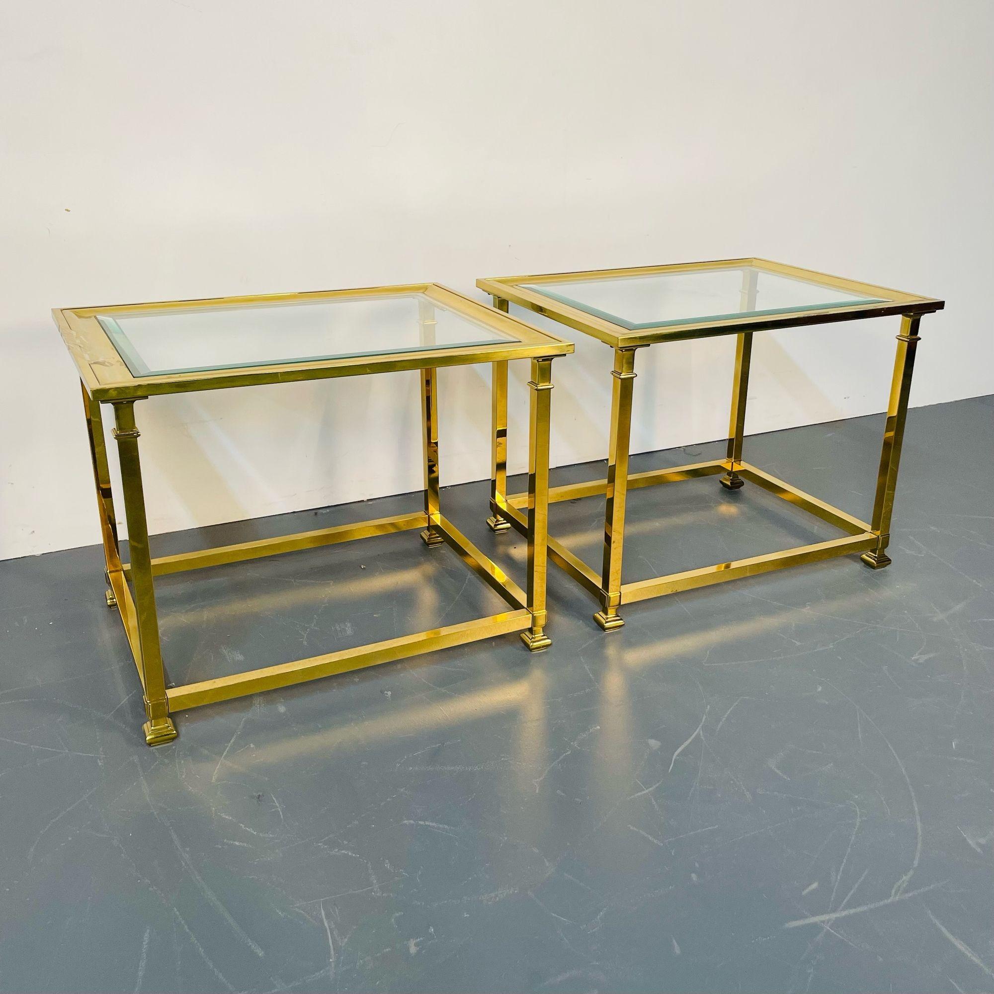 Mid-Century Modern Pair Hollywood Regency Mastercraft Brass, Glass End / Side Tables, Midcentury For Sale