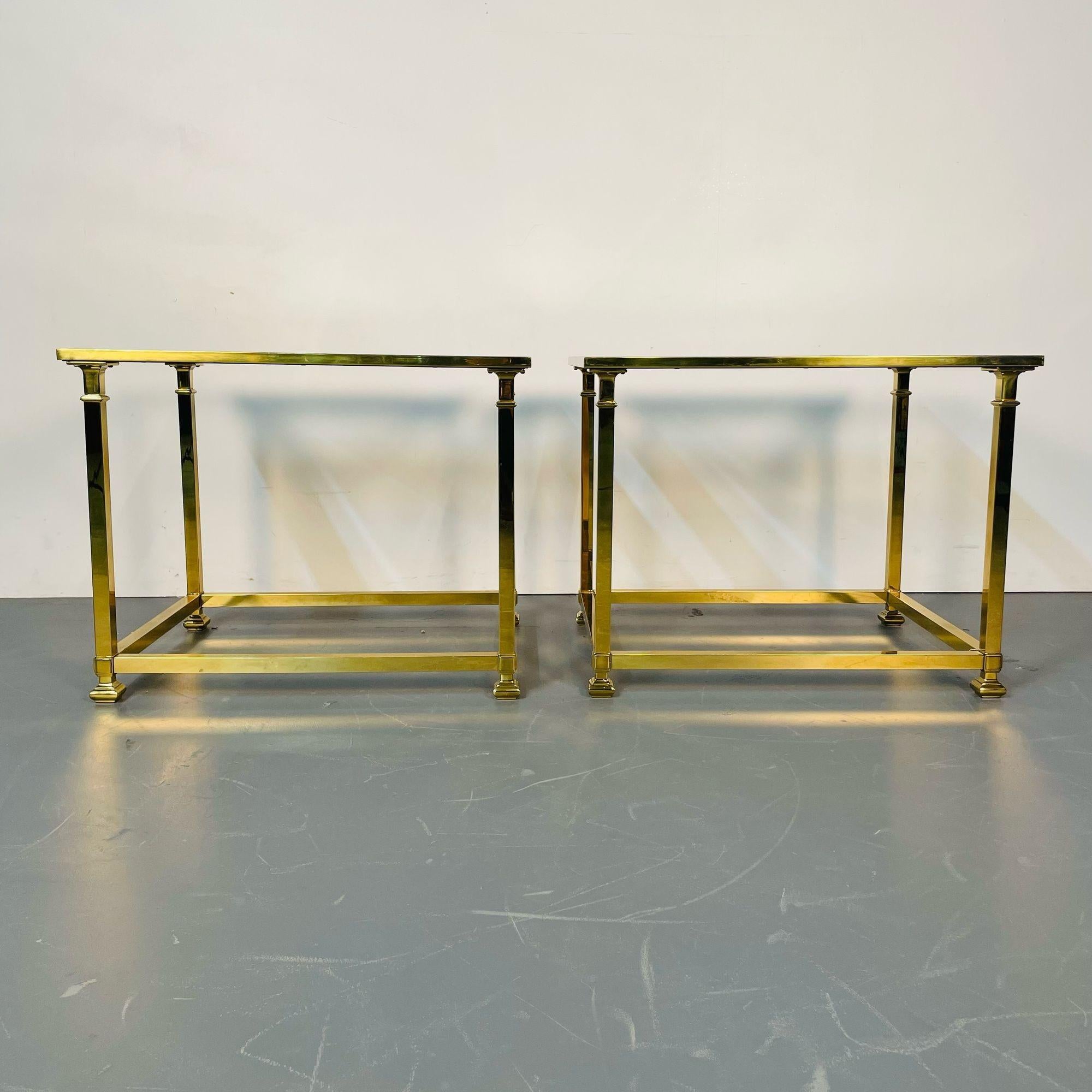 American Pair Hollywood Regency Mastercraft Brass, Glass End / Side Tables, Midcentury For Sale