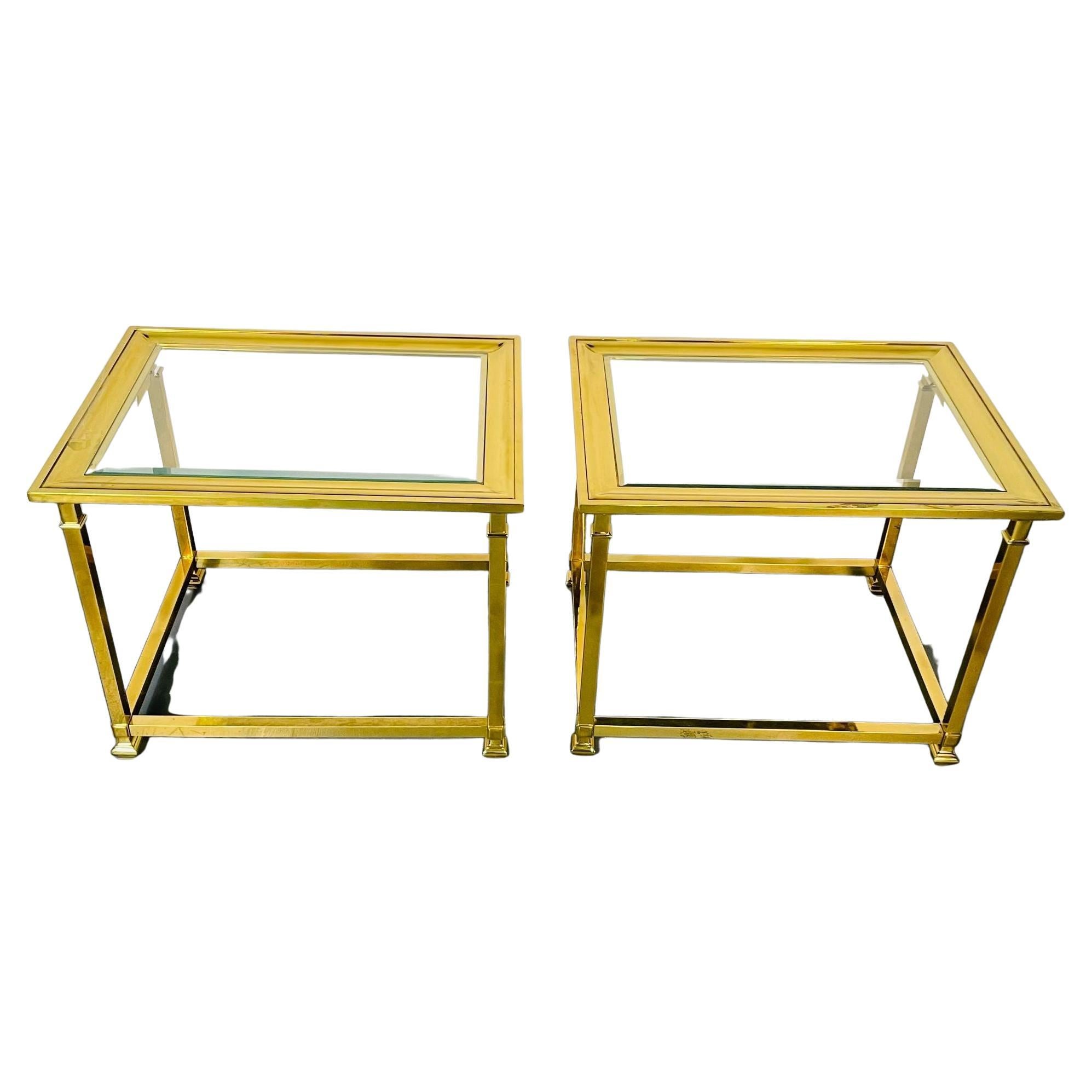 Pair Hollywood Regency Mastercraft Brass, Glass End / Side Tables, Midcentury