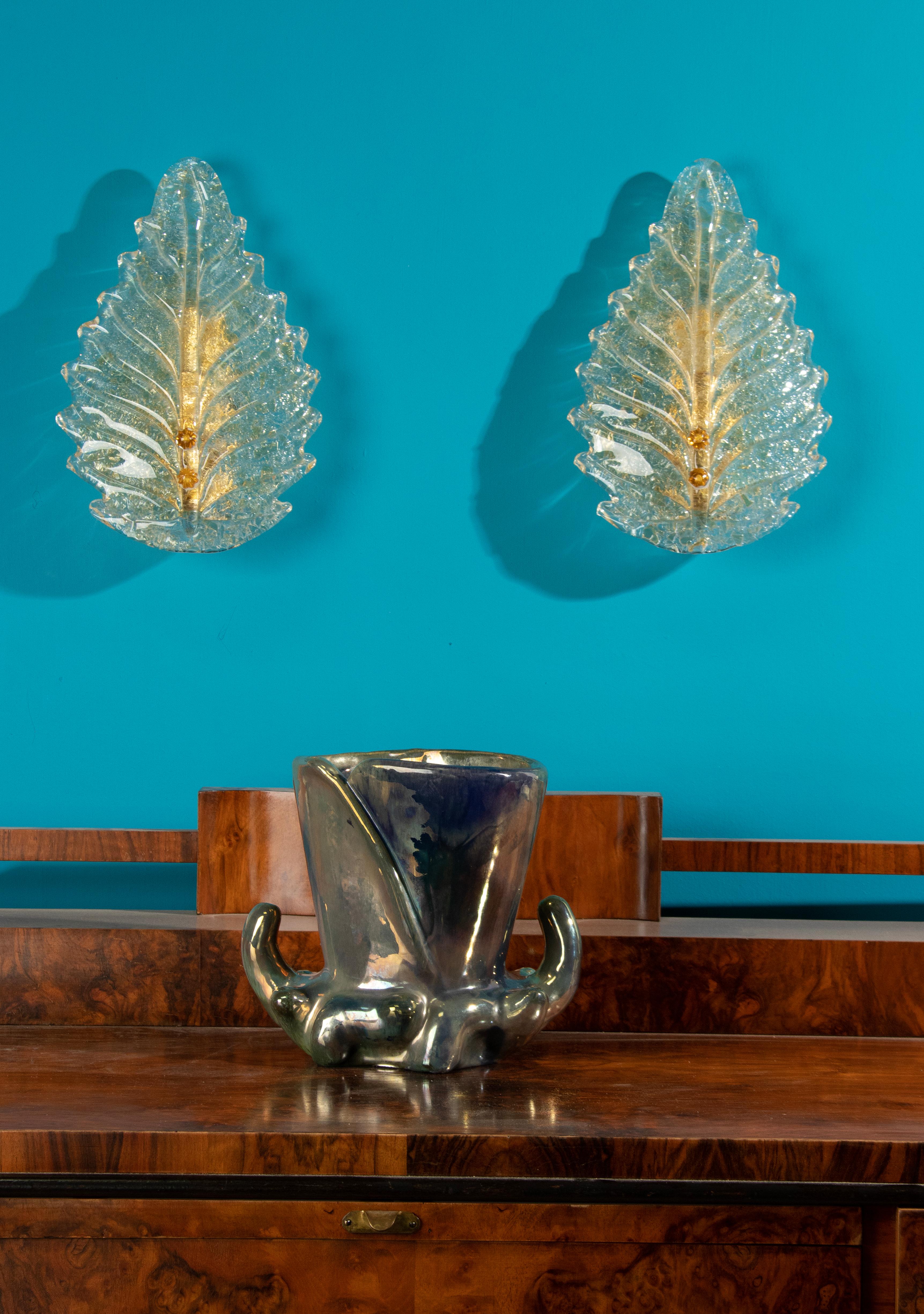 Mid-20th Century Pair Hollywood Regency Murano Glass Sconces Wall Lights Barovier & Toso Style
