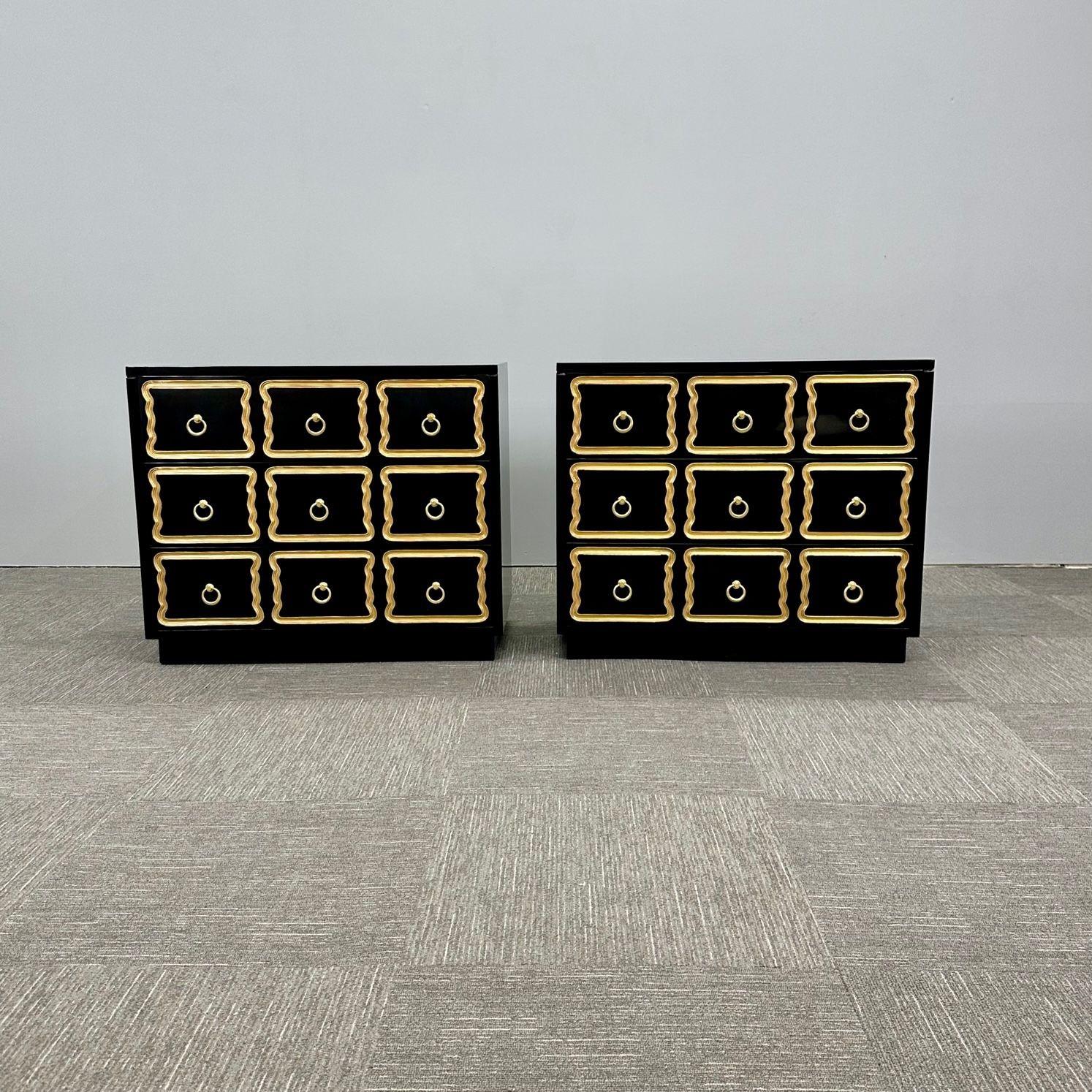 Pair of Hollywood Regency Dorothy Draper Style Black Lacquer Nightstands / Chests
 
This stunning pair of recently refinished chests have solid wooden drawers which glide smoothly and effortlessly. The drawers each with a gold leaf framing and