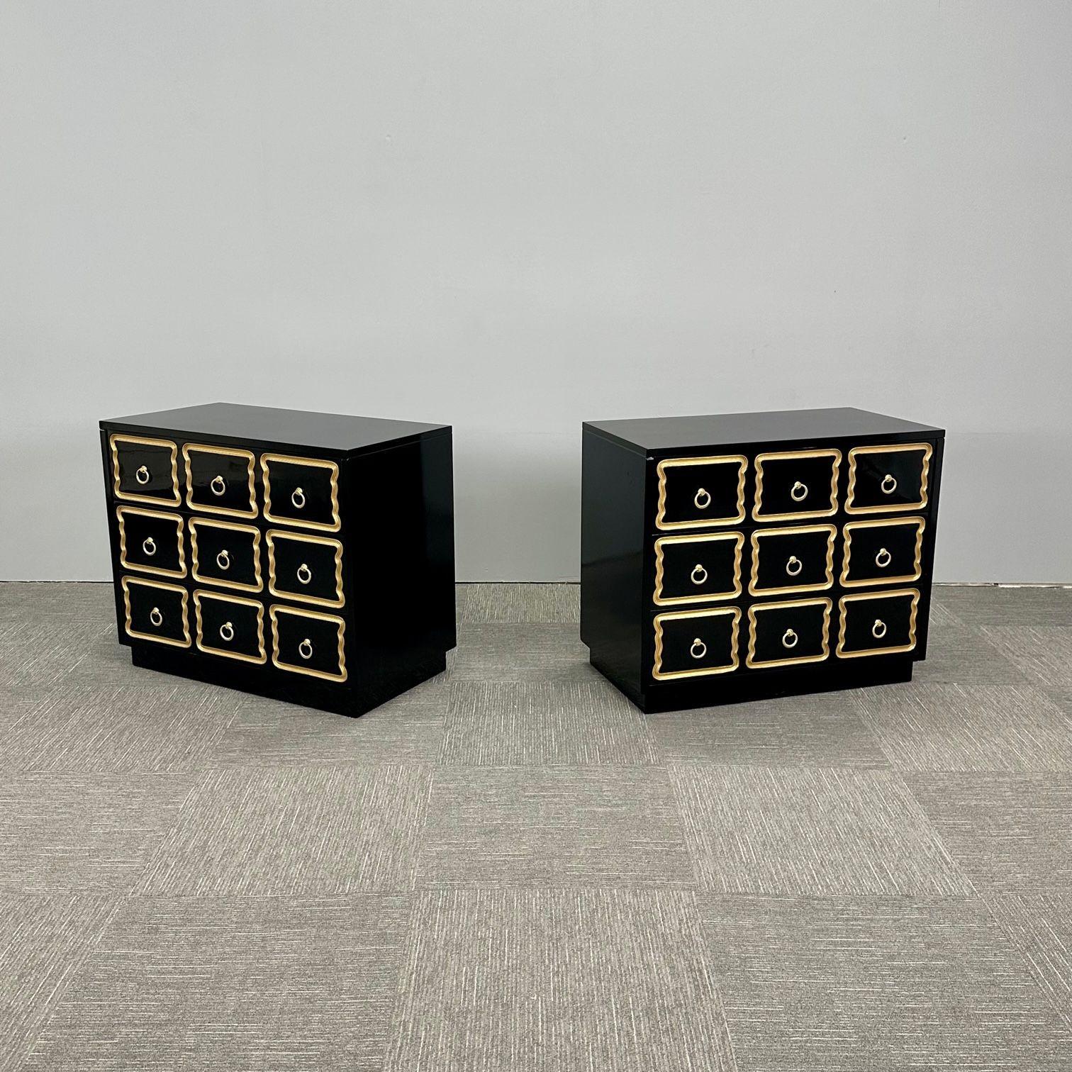 Contemporary Pair Hollywood Regency Nightstands / Chests Dorothy Draper Style, Black Lacquer For Sale