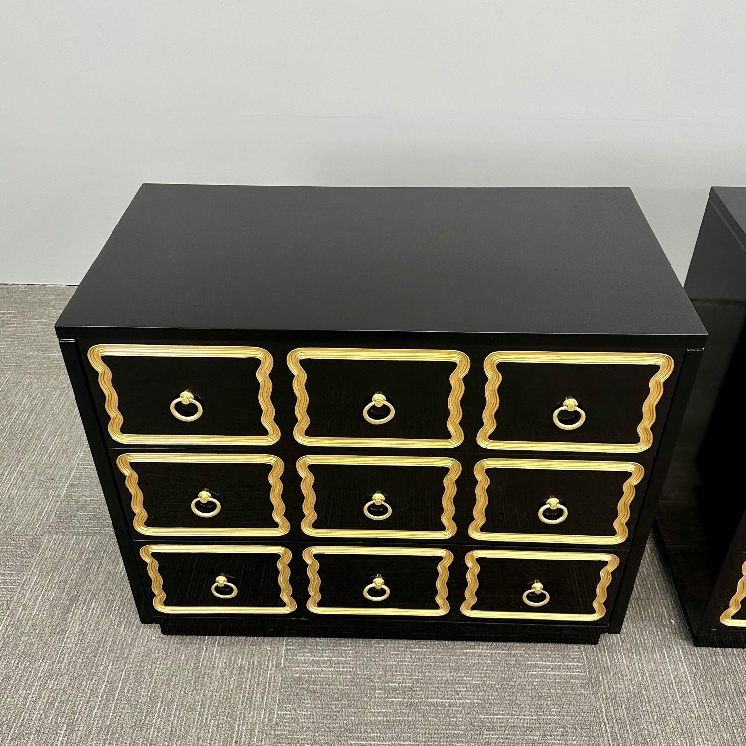 Pair Hollywood Regency Nightstands / Chests Dorothy Draper Style, Black Lacquer For Sale 3
