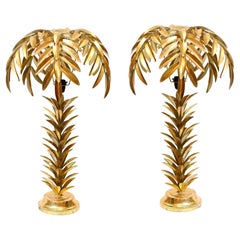 Pair Hollywood Regency Palm Lamps Gilt Table Light Pair Hollywood Regency Palm Lamps Gilt Table Light