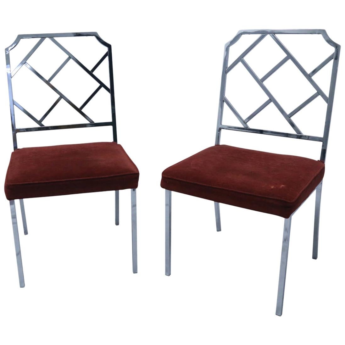 Pair of Hollywood Regency Stainless Chippendale Chairs with Velvet Seats