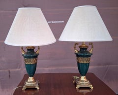 Pair Hollywood Regency Style Brass and Faux Malachite Decorated Urn Table Lamps