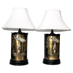 Retro Pair Hollywood Regency Style Eglomise Glass Lamps Mid Century