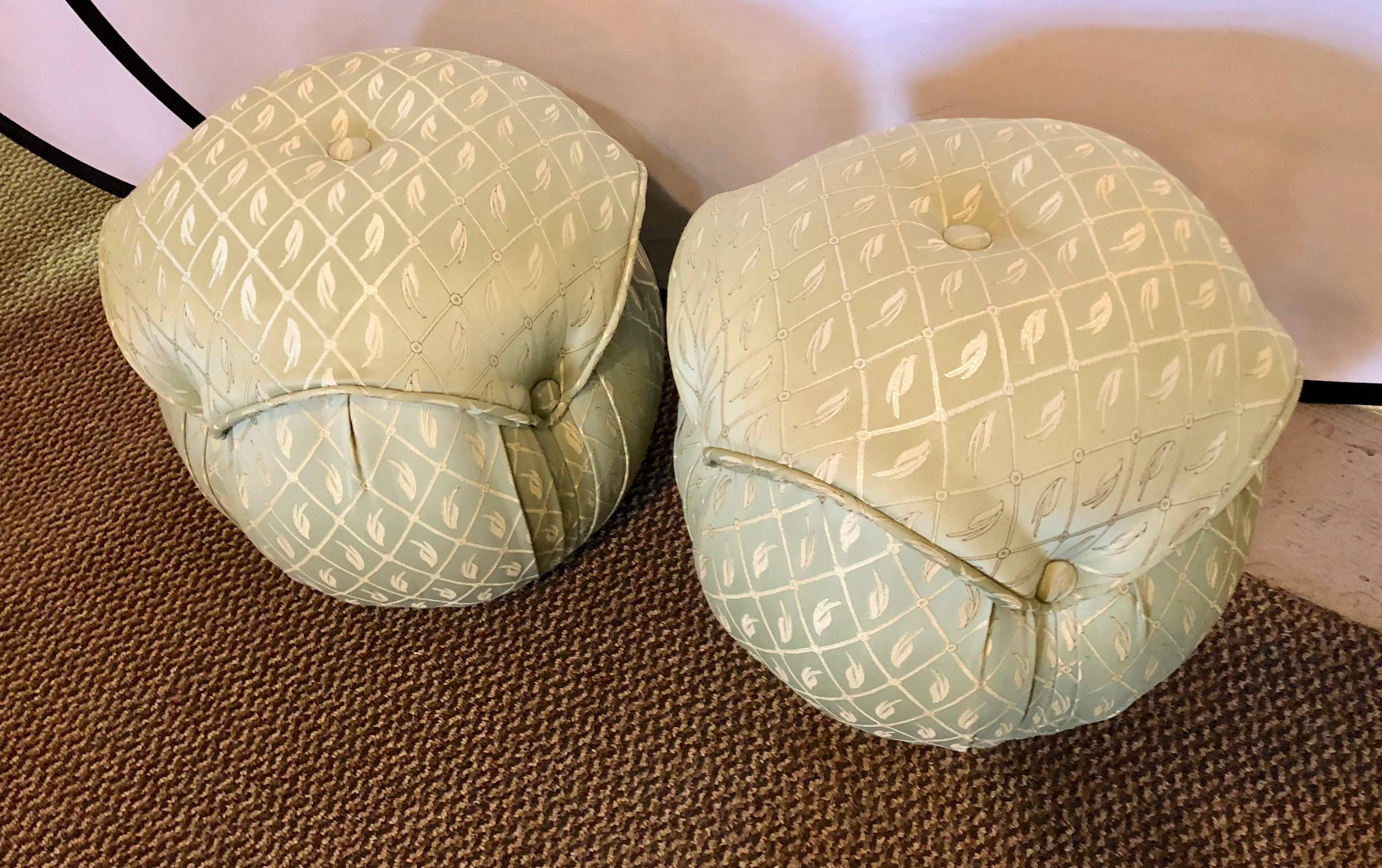 Pair of Hollywood Regency Style Upholstered Mint Green Footstools / Ottomans 3