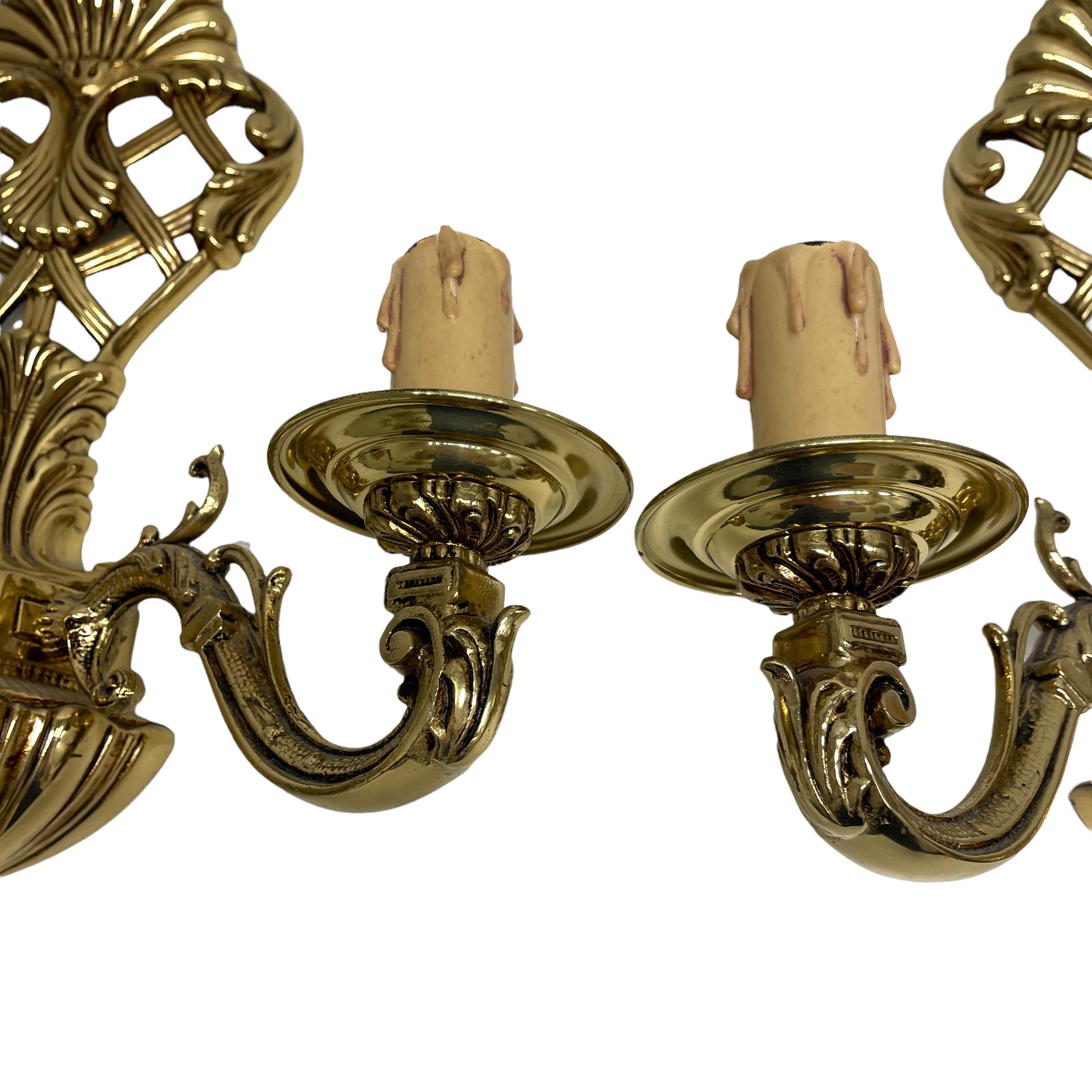 Metal Pair Hollywood Regency Style Two-Light Wall Sconces, Vintage, German, 1960s For Sale