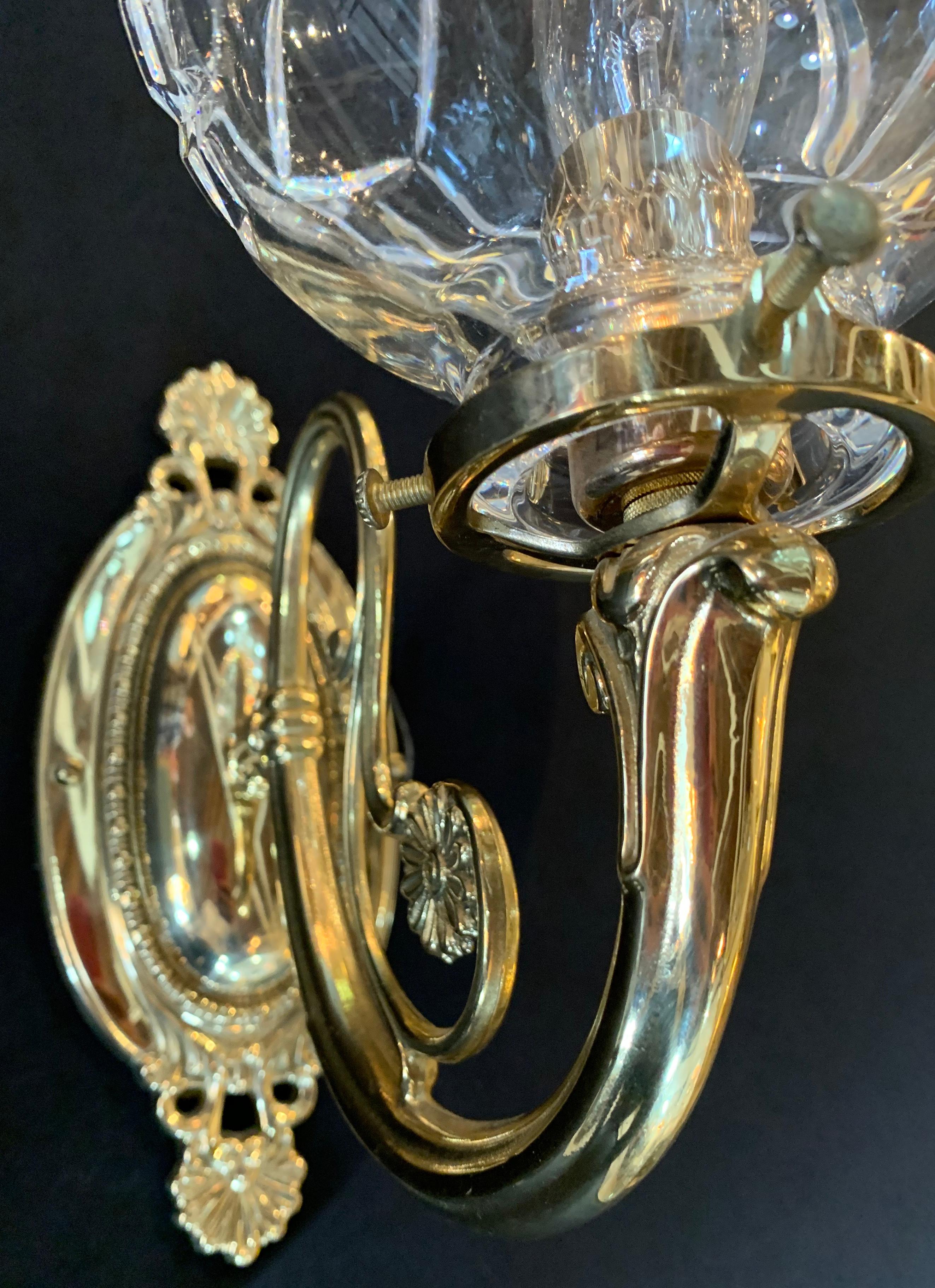 Hollywood Regency Style Waterford Brass & Crystal Single Light Wall Sconces Pair 5
