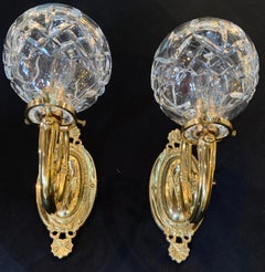 Hollywood Regency Style Waterford Brass & Crystal Single Light Wall Sconces Pair