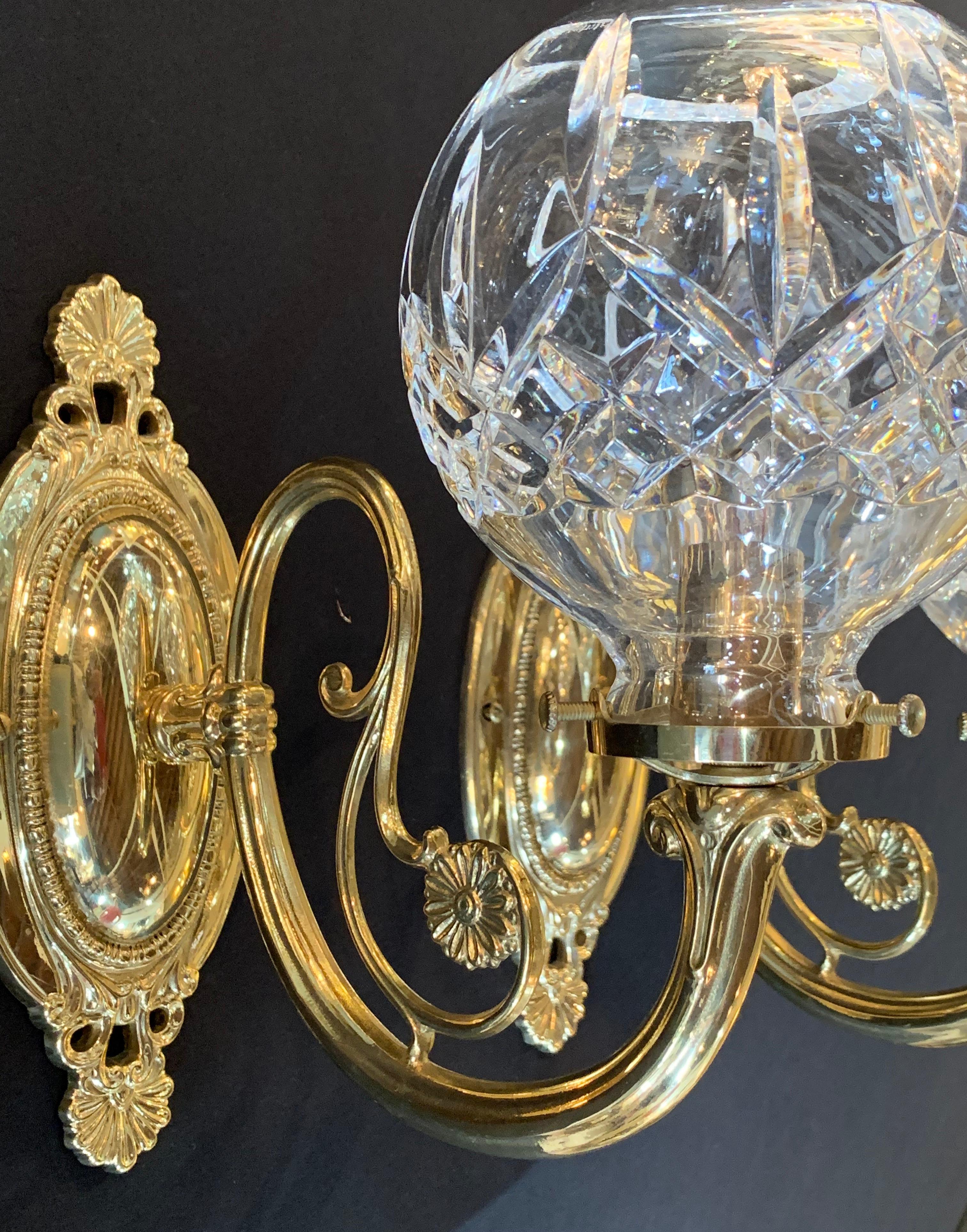 American Hollywood Regency Style Waterford Brass & Crystal Single Light Wall Sconces Pair