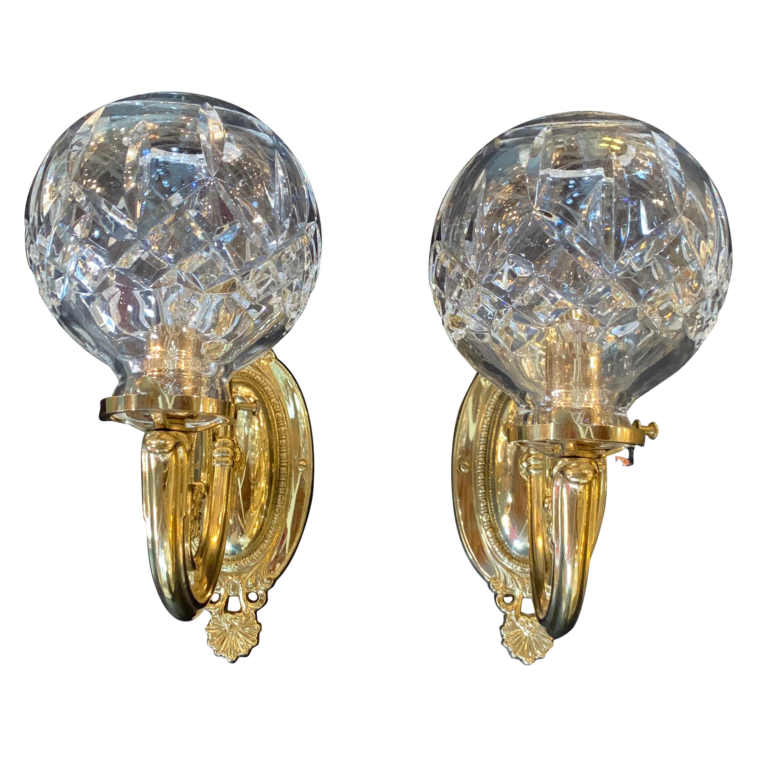 Hollywood Regency Style Waterford Brass & Crystal Single Light Wall Sconces Pair