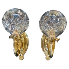 Hollywood Regency Style Waterford Brass & Crystal Single Light Wall Sconces Pair