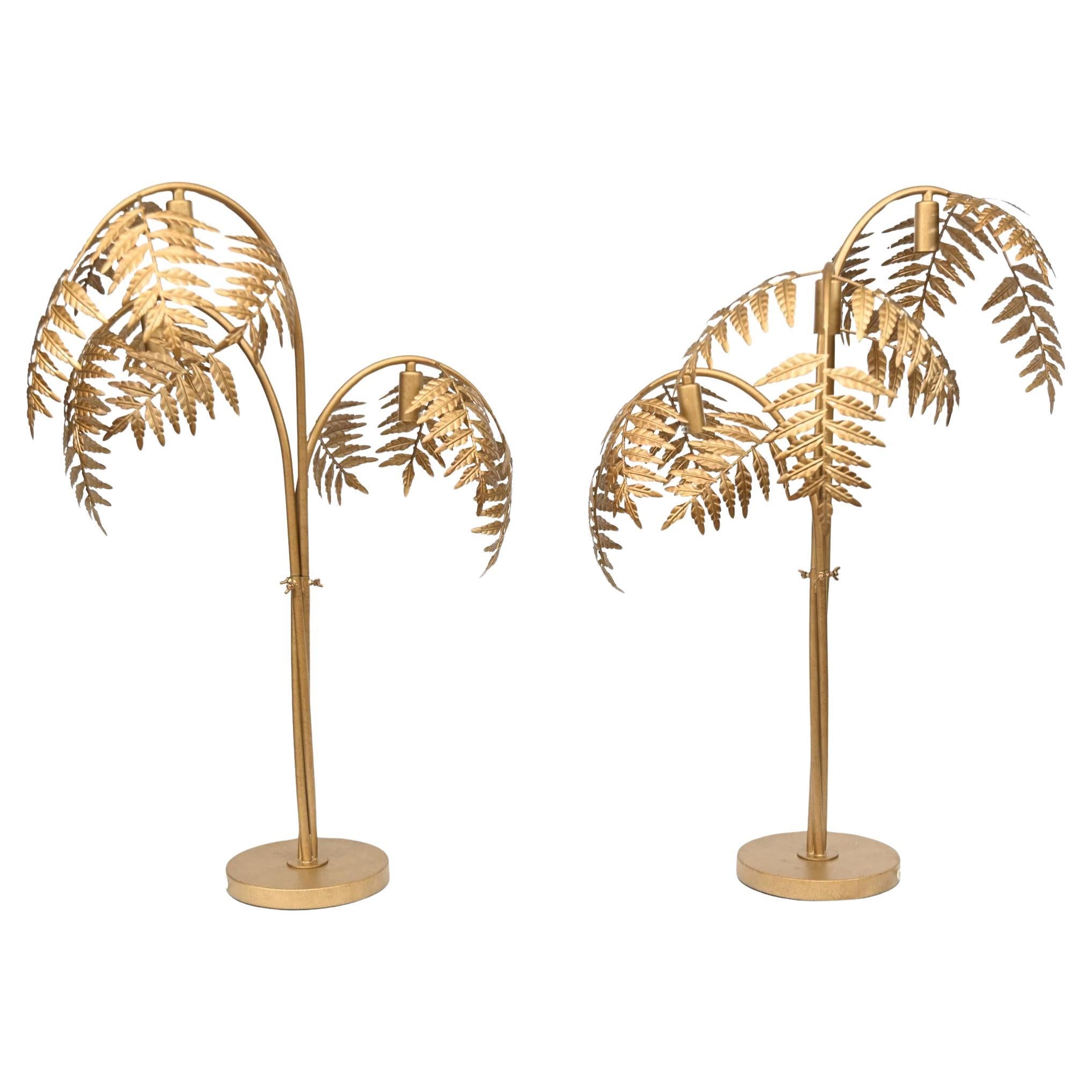 Pair Hollywood Regency Table Lamps Gilt Palm Tree Vintage For Sale