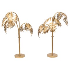 Pair Hollywood Regency Table Lamps Gilt Palm Tree Vintage