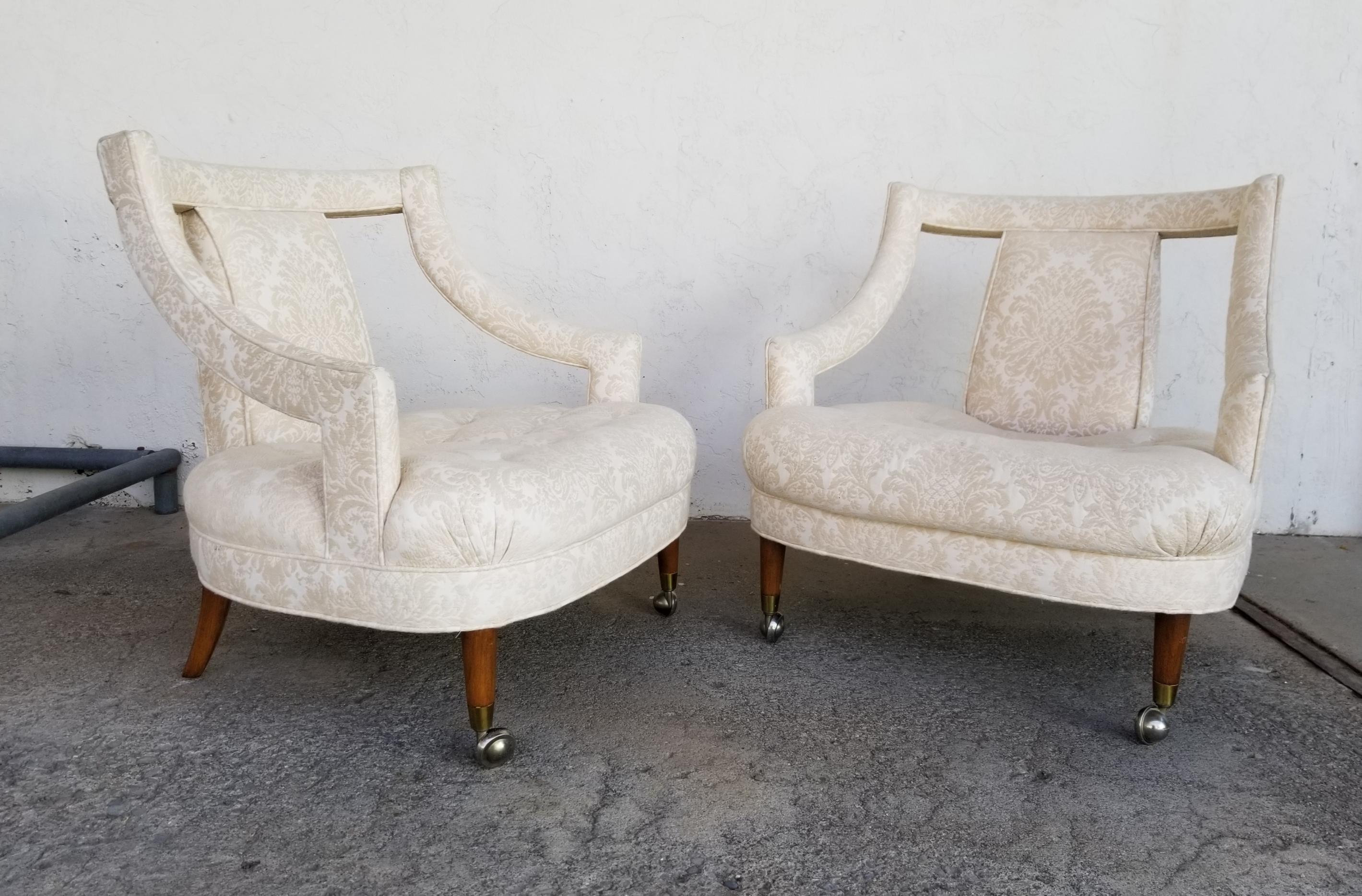 Walnut Pair of Hollywood Regency Tufted Lounge Chairs